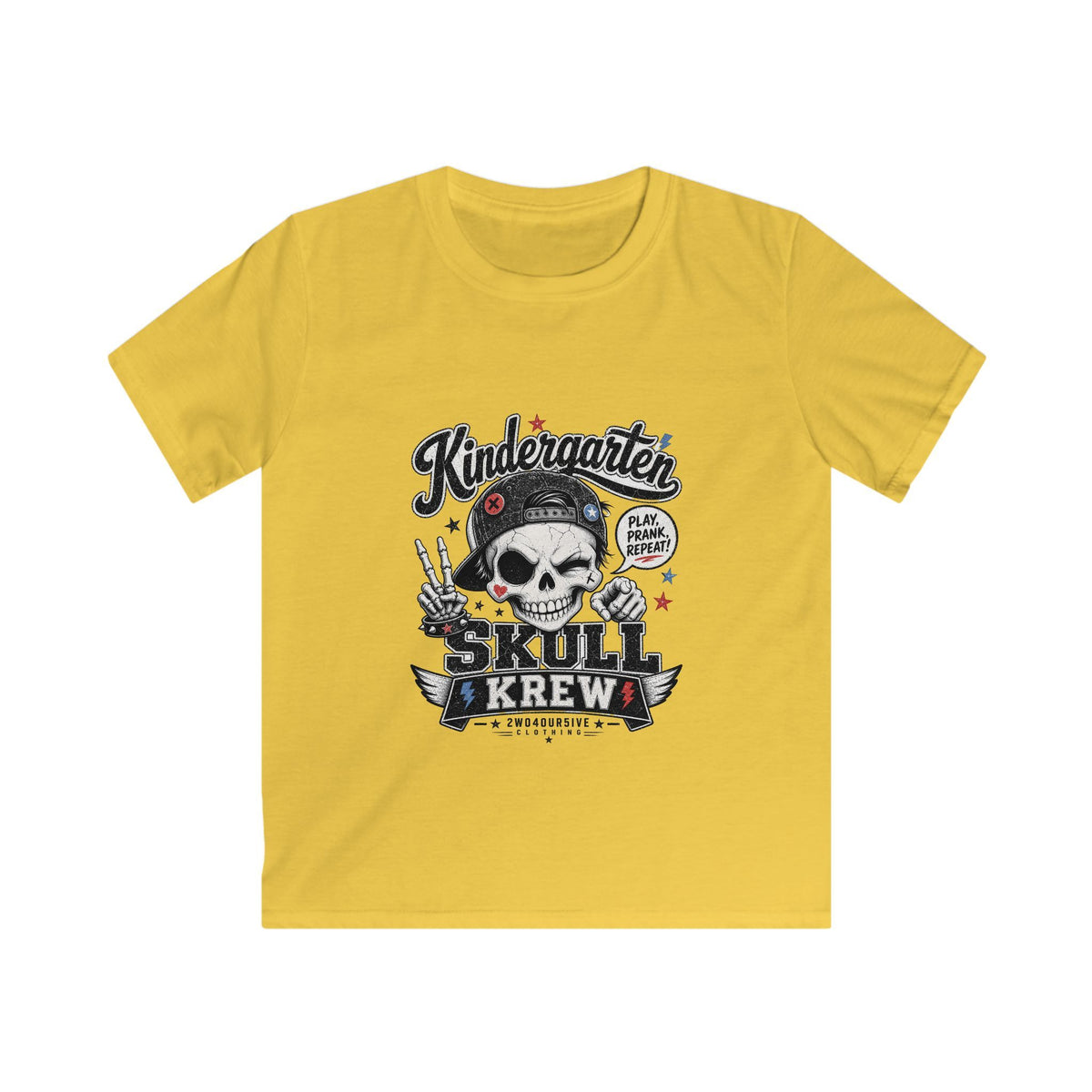 Kids Tee — "Kindergarten Skull Krew" Graphic T‑Shirt (Back‑to‑School, Playful Punk Design)