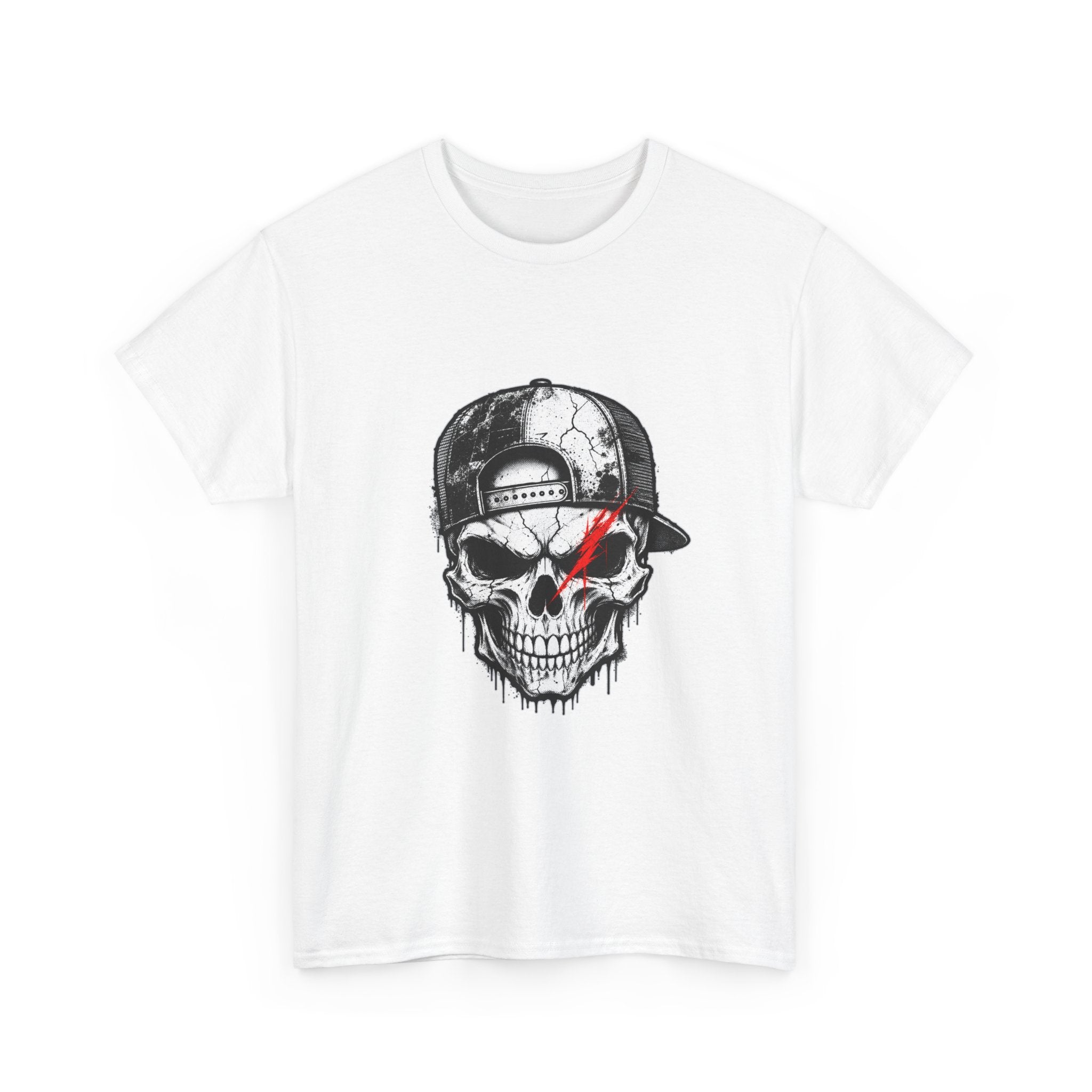 Skull Cap T-Shirt — Grunge Skull with Red Eye Slash Graphic