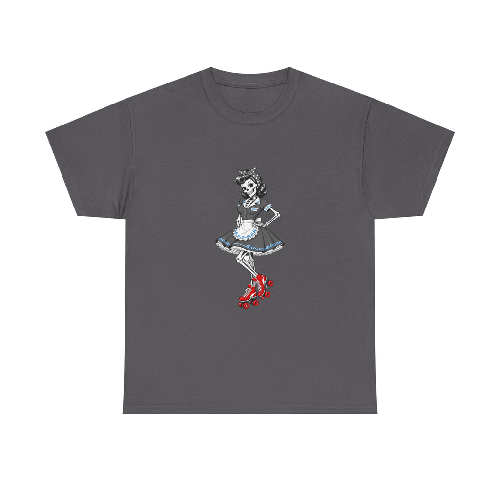 Vintage Gothic Doll T‑Shirt — Red Roller Skate Skeleton Girl Tee