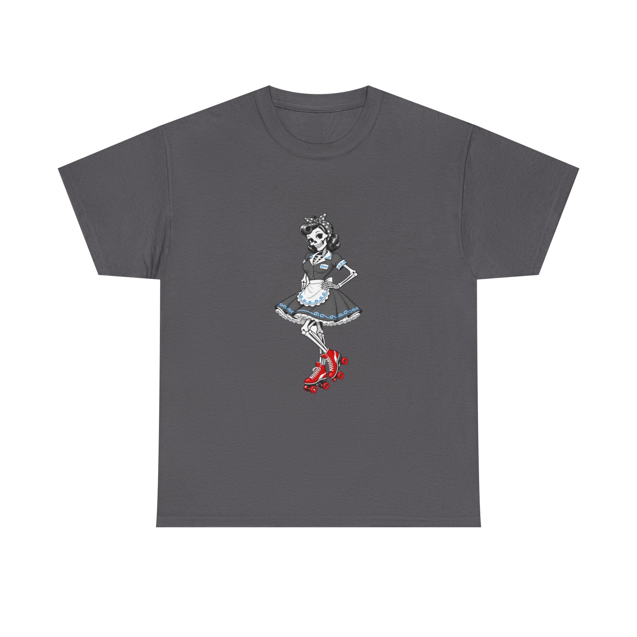 Vintage Gothic Doll T‑Shirt — Red Roller Skate Skeleton Girl Tee
