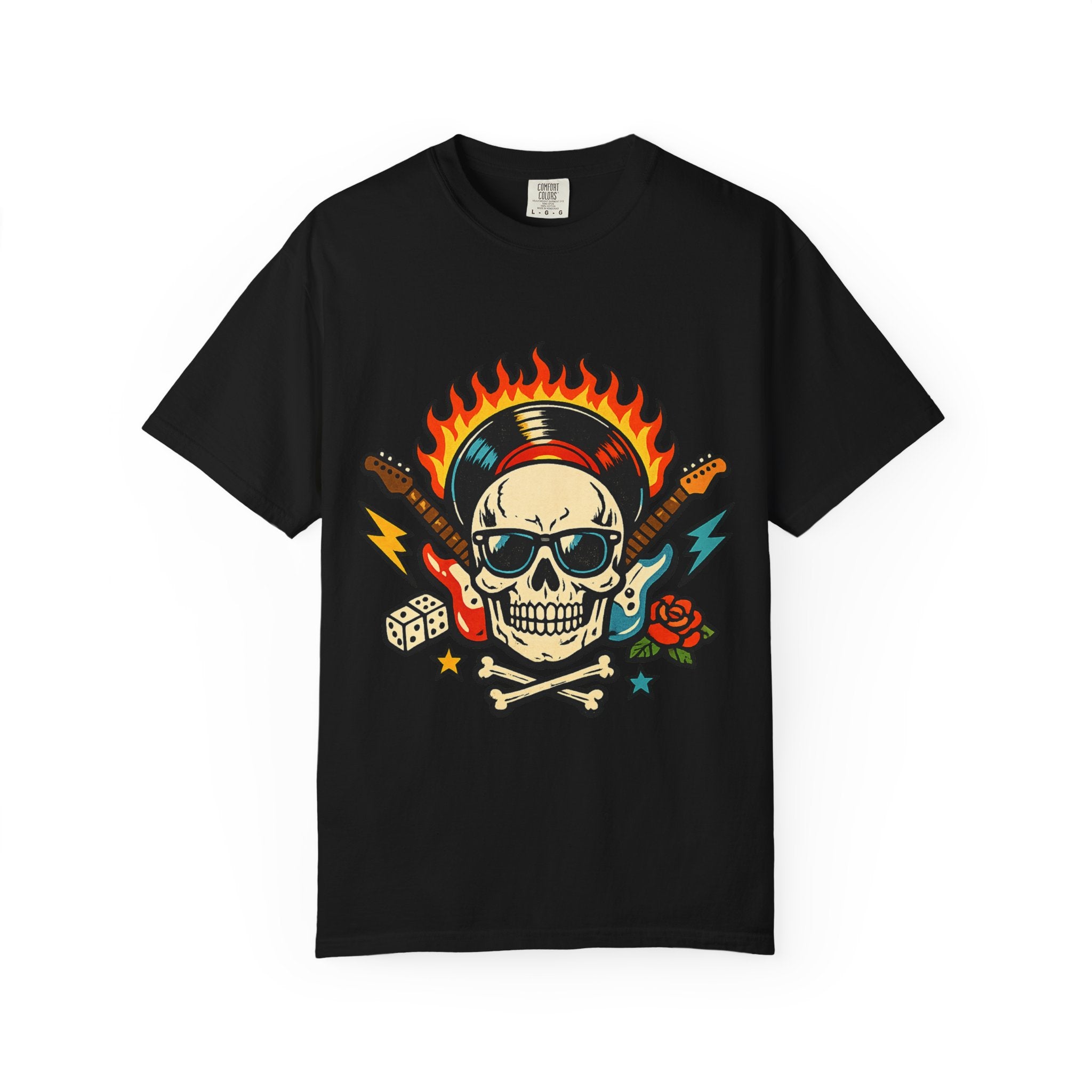 Rock Skull Graphic T-Shirt — Flaming Skull, Guitars & Dice Tattoo Art