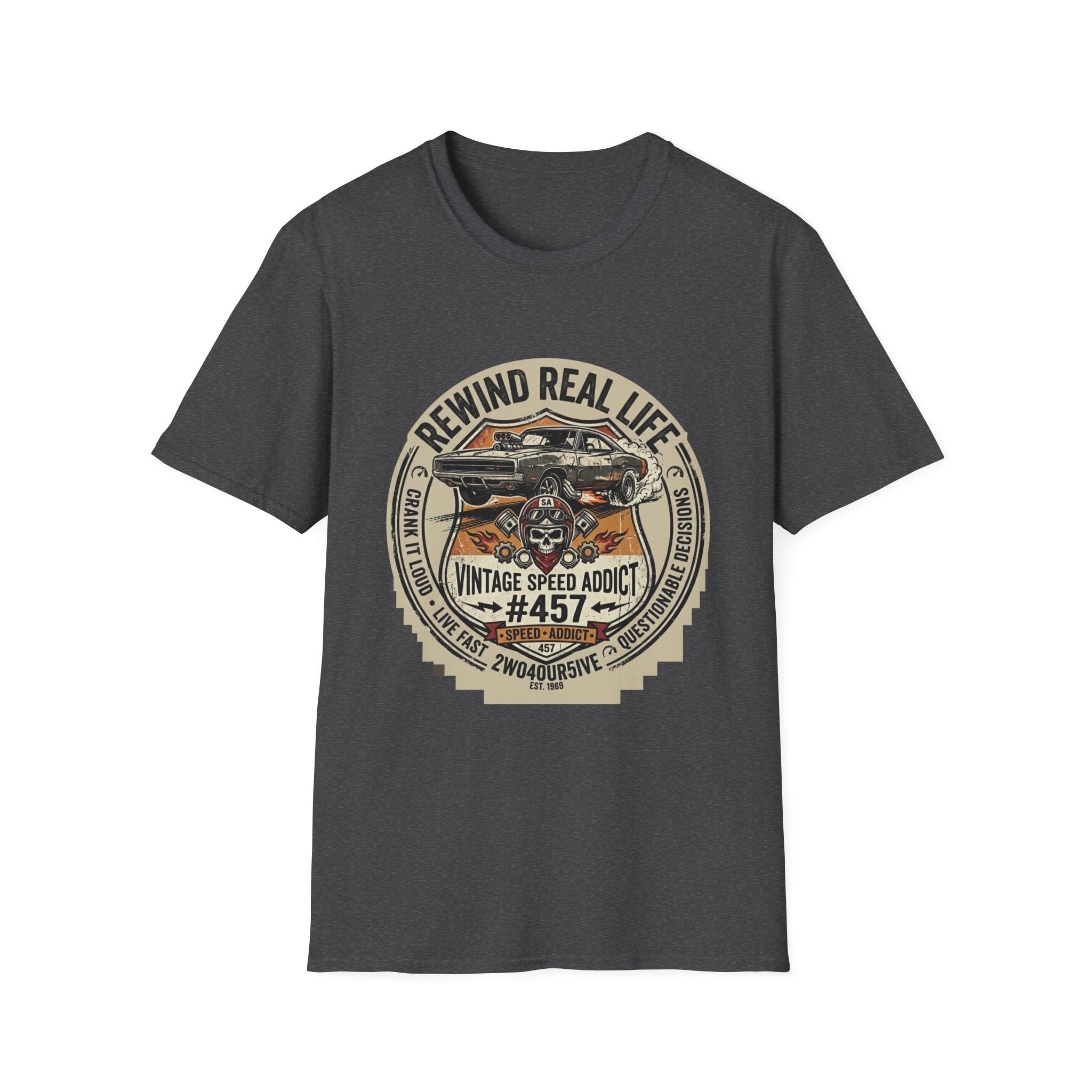 Vintage Muscle Car T-Shirt – "Rewind Real Life" Retro Speed Addict Graphic