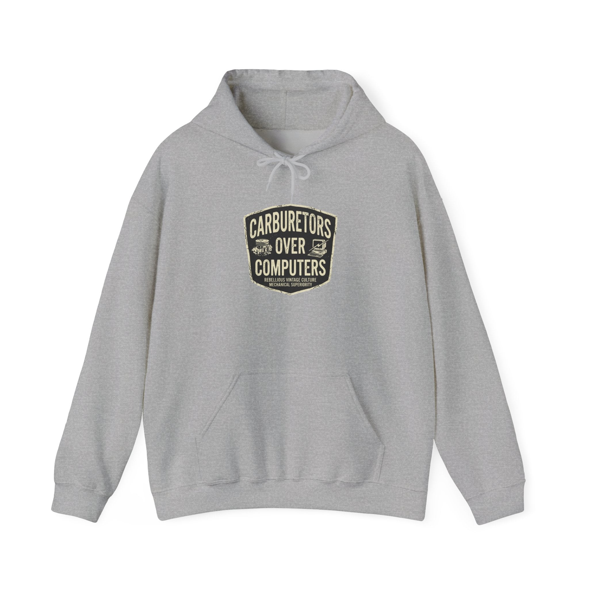 Carburetors Over Computers Hoodie — Vintage Mechanic Engine Enthusiast Pullover