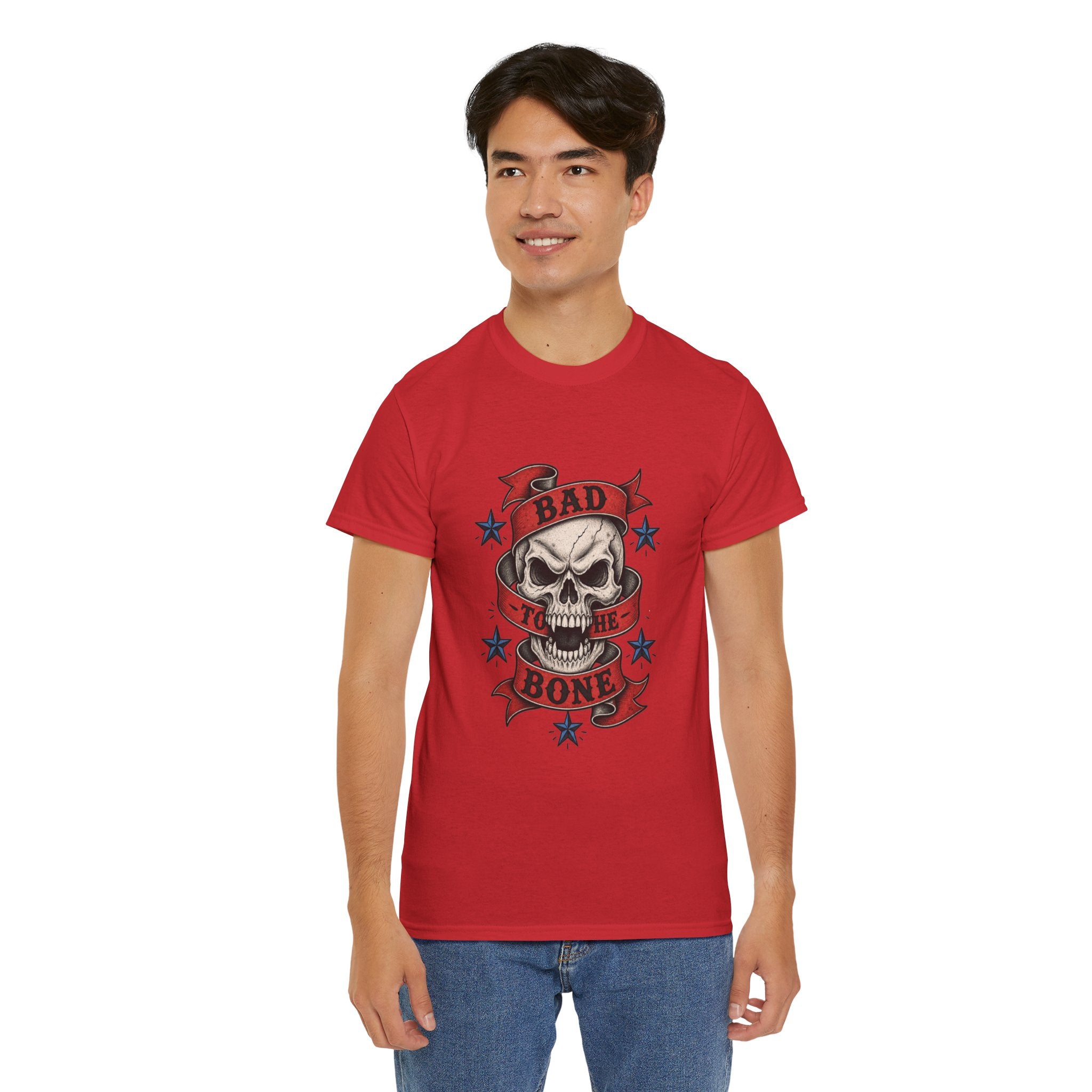 Bad to the Bone Skull Tee — Retro Rocker Biker Graphic T-Shirt