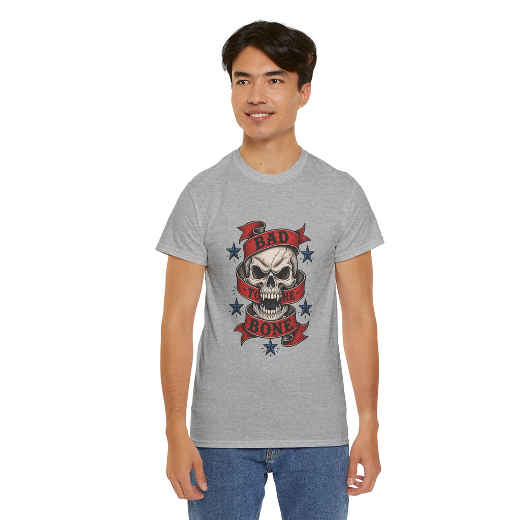 Bad to the Bone Skull Tee — Retro Rocker Biker Graphic T-Shirt