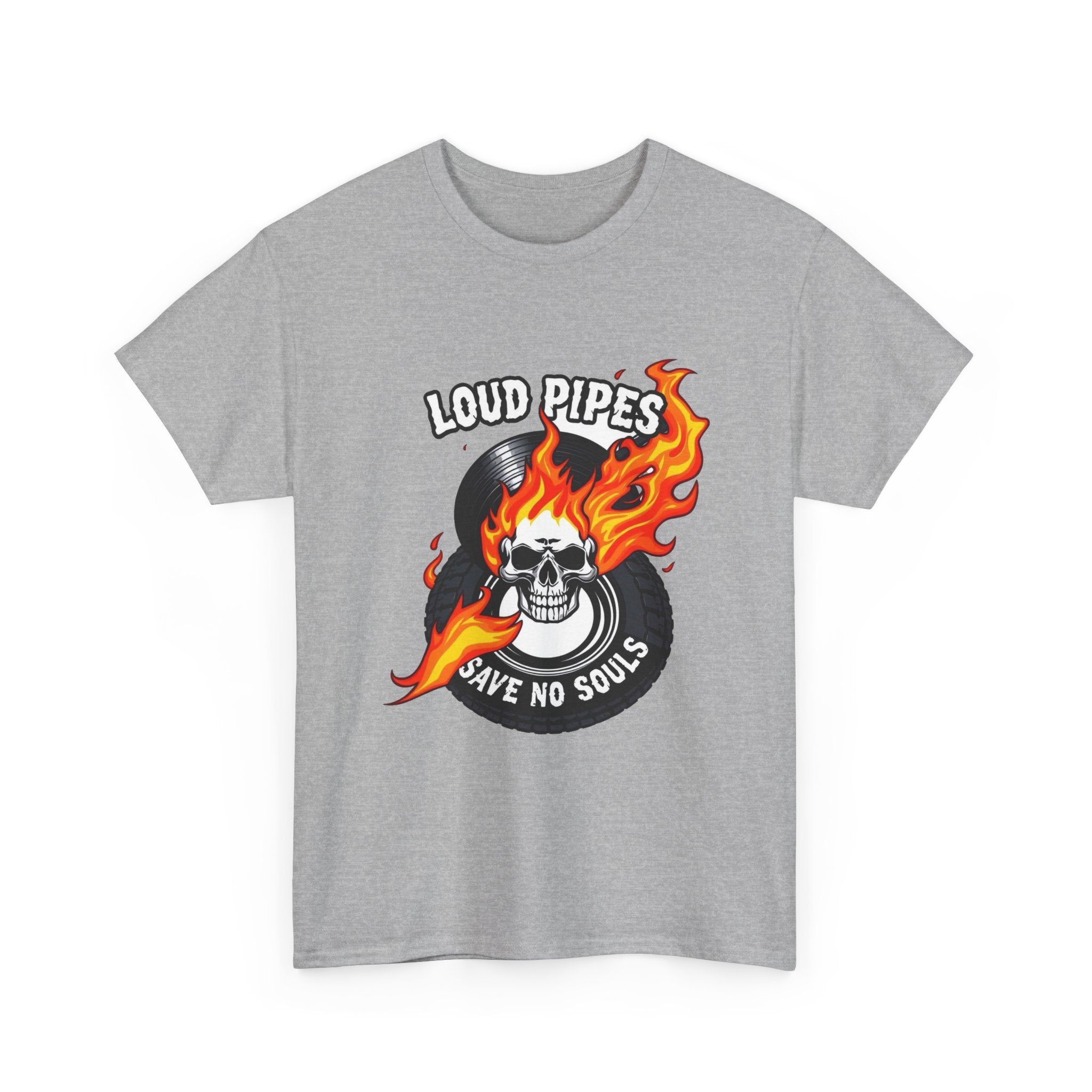 Loud Pipes Save No Souls Graphic Tee — Flaming Skull Vinyl Shirt
