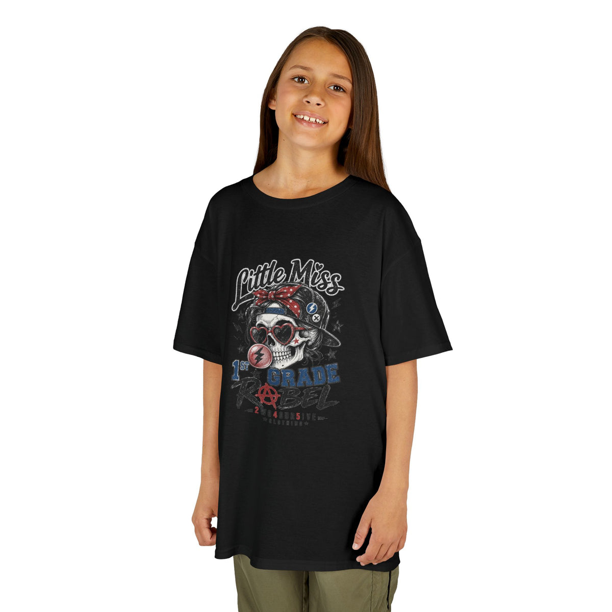 Kids T-Shirt — "Little Miss Rebel" Skull Bandana Graphic