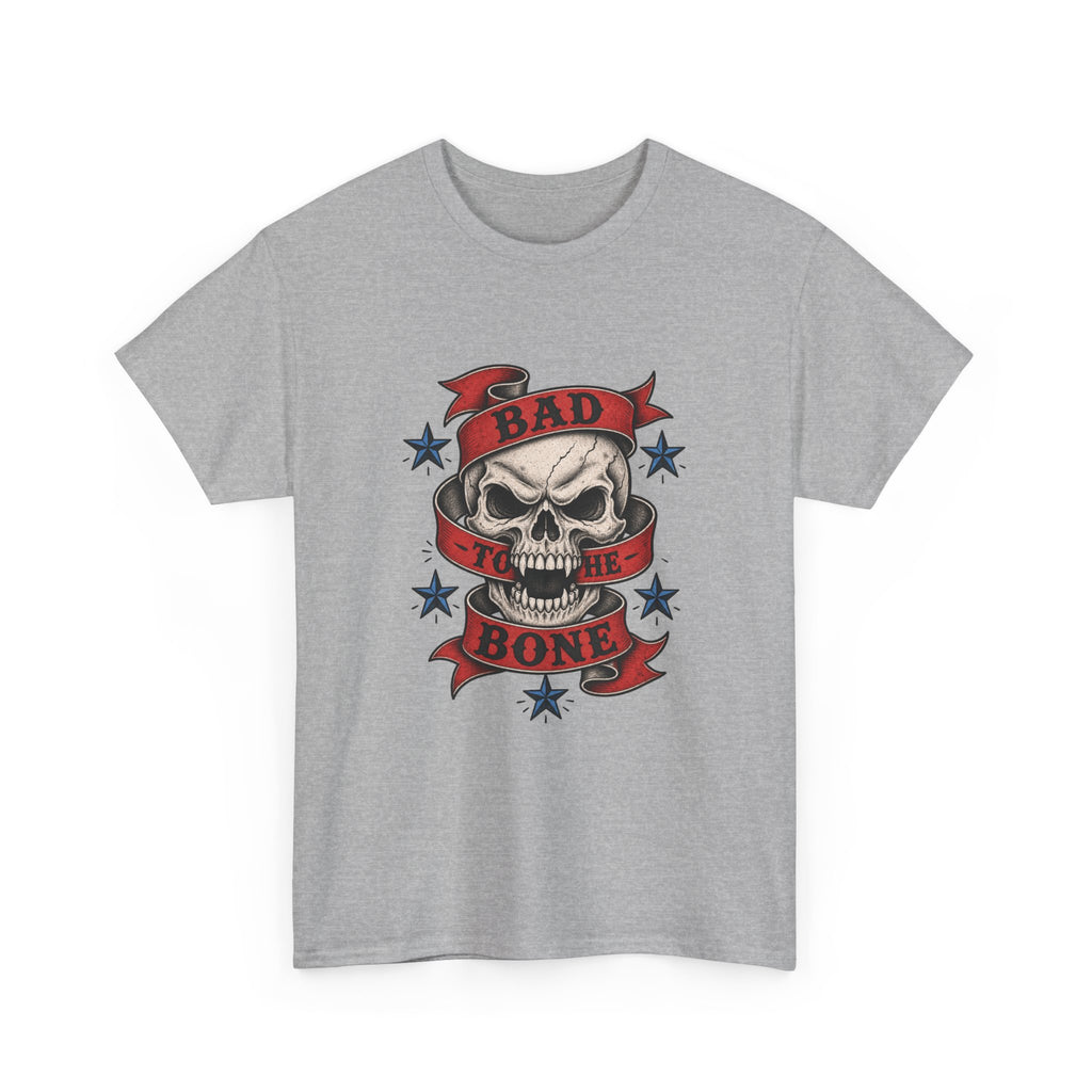 Bad to the Bone Skull Tee — Retro Rocker Biker Graphic T-Shirt