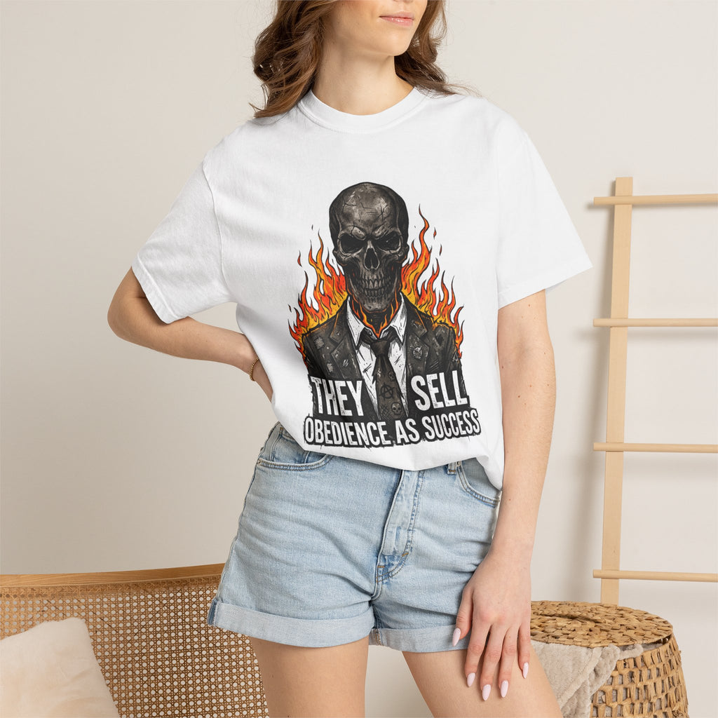 Skull & Flames T-Shirt — "They Sell Obedience As Success" Anti-Authority Graphic Tee