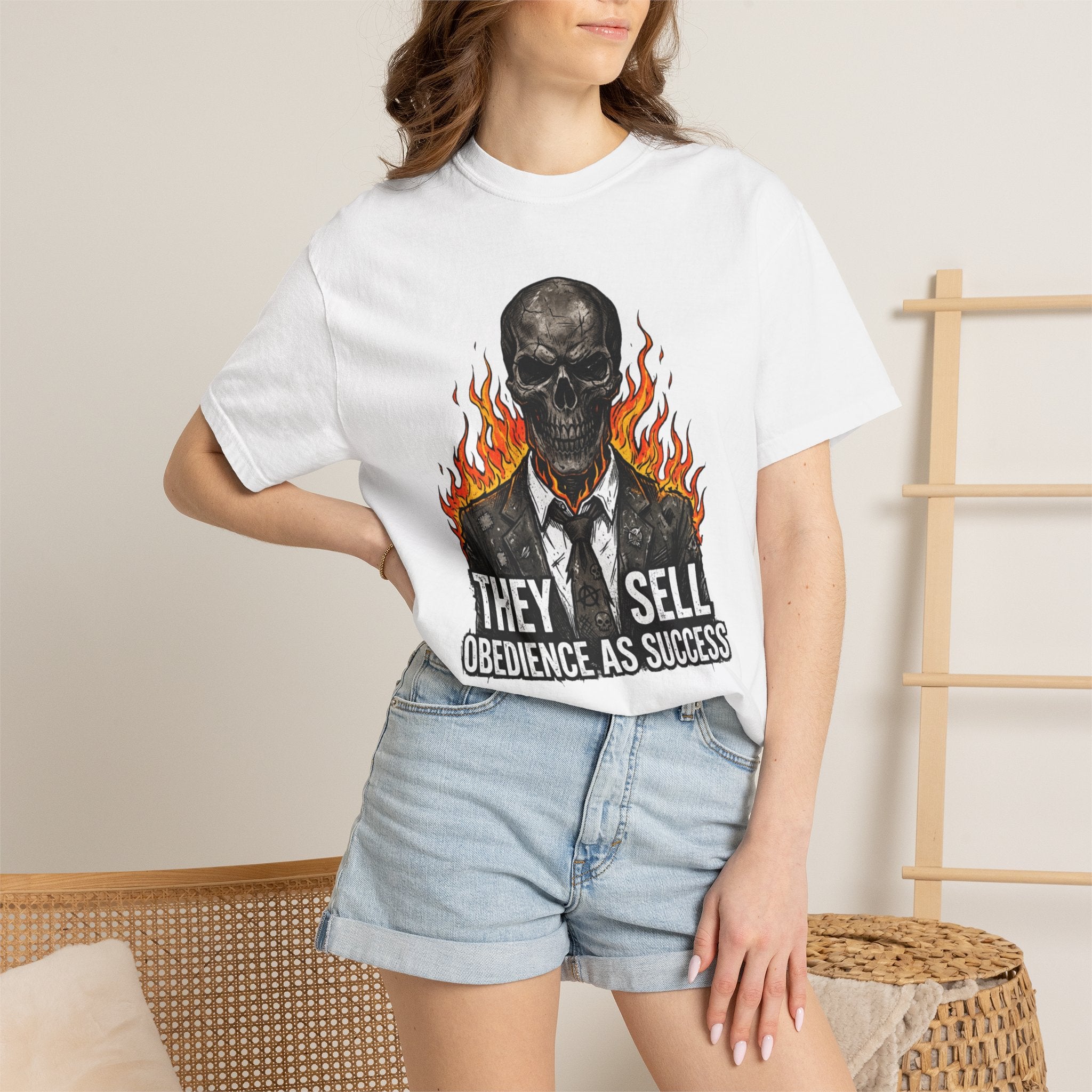 Skull & Flames T-Shirt — "They Sell Obedience As Success" Anti-Authority Graphic Tee