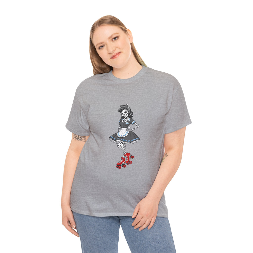 Vintage Gothic Doll T‑Shirt — Red Roller Skate Skeleton Girl Tee