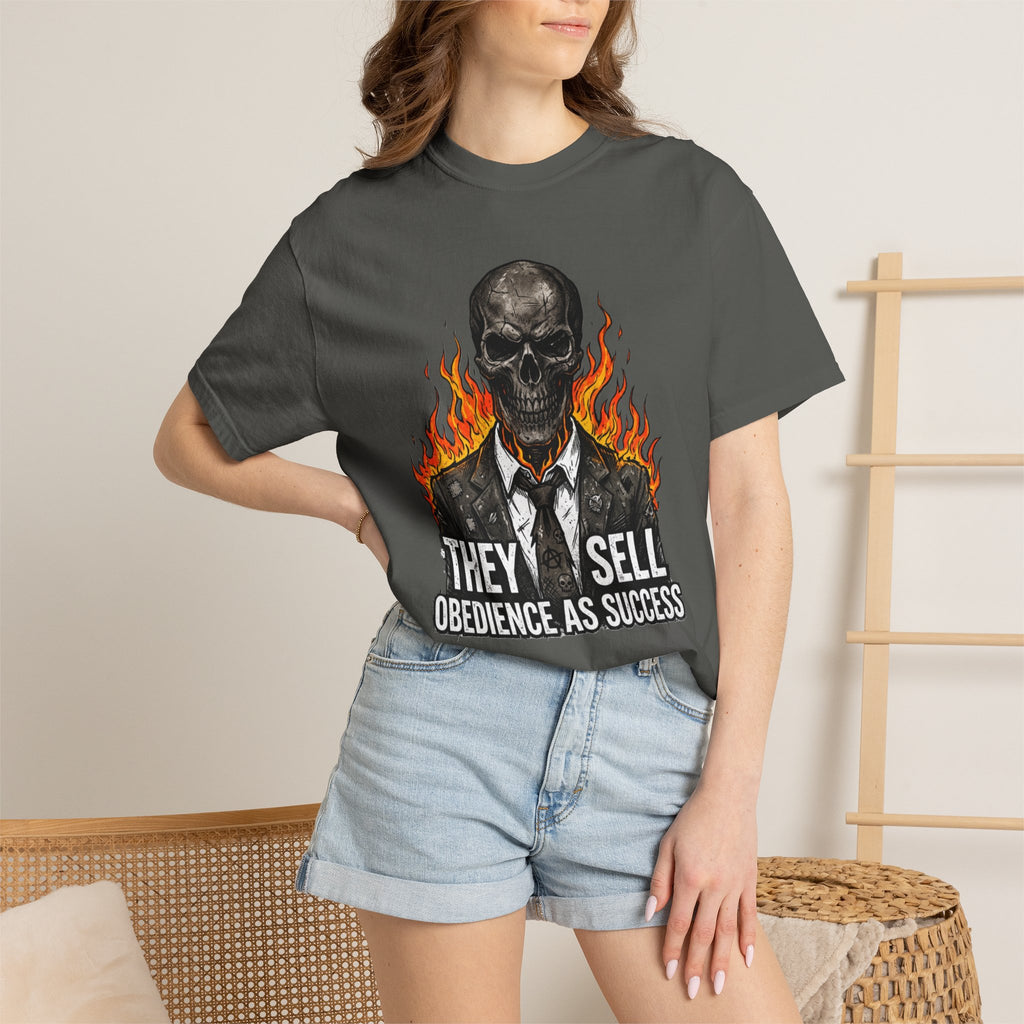 Skull & Flames T-Shirt — "They Sell Obedience As Success" Anti-Authority Graphic Tee