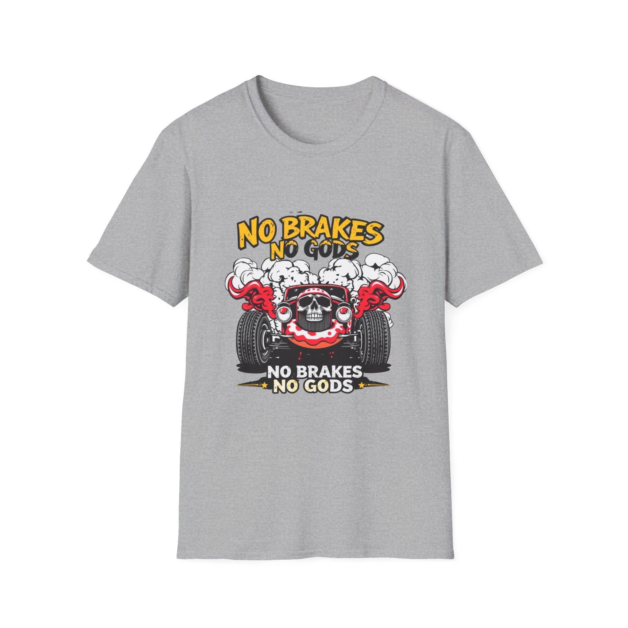 No Brakes No Gods Graphic T-Shirt — Vintage Skull Hot Rod Racing Tee