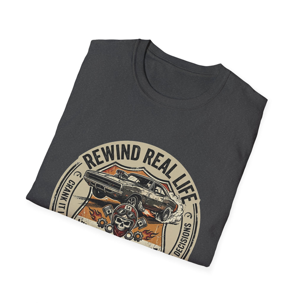Vintage Muscle Car T-Shirt – "Rewind Real Life" Retro Speed Addict Graphic