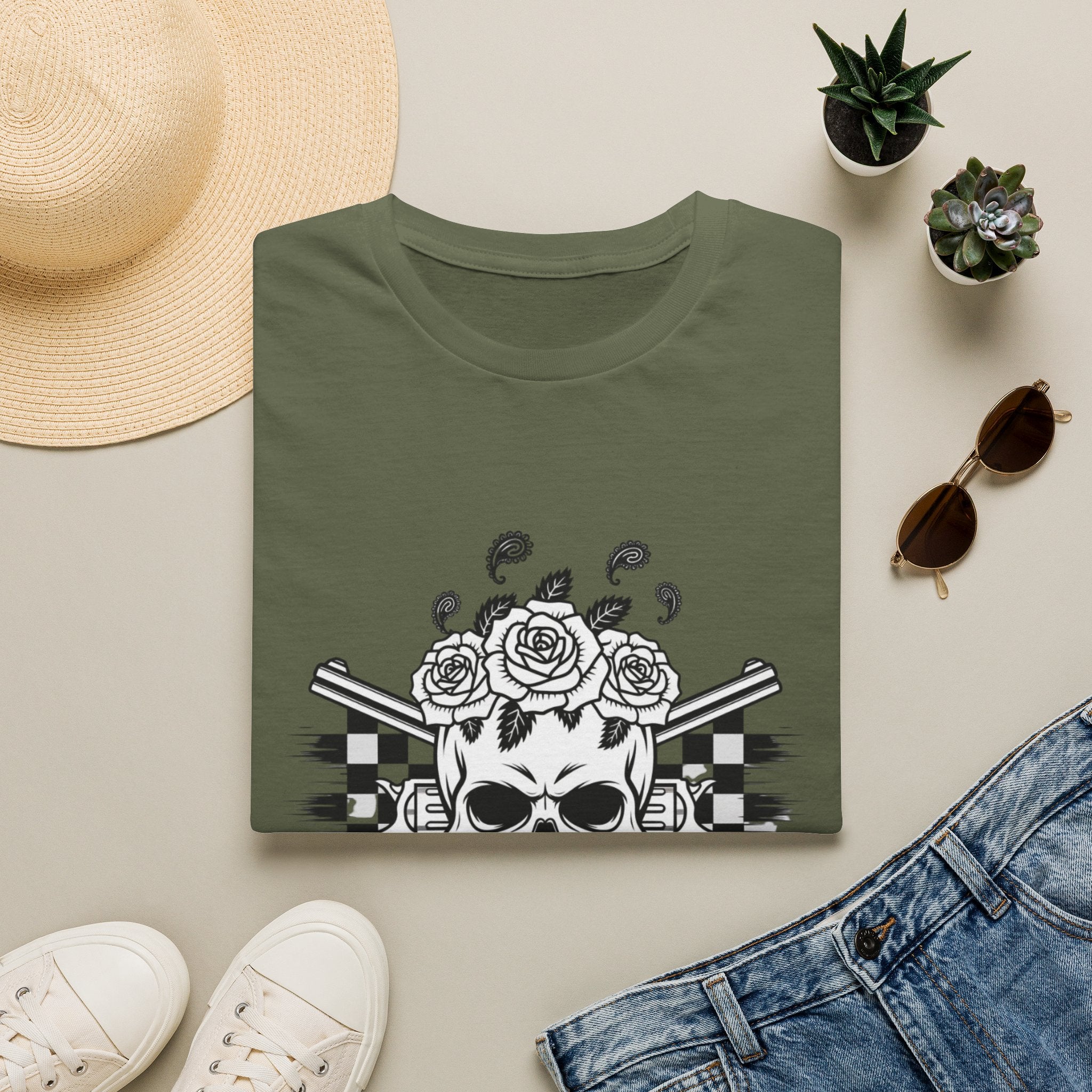 Skull & Roses T‑Shirt — “Freedom Ain’t Free” Racing Flag Graphic