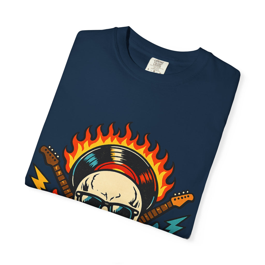 Rock Skull Graphic T-Shirt — Flaming Skull, Guitars & Dice Tattoo Art