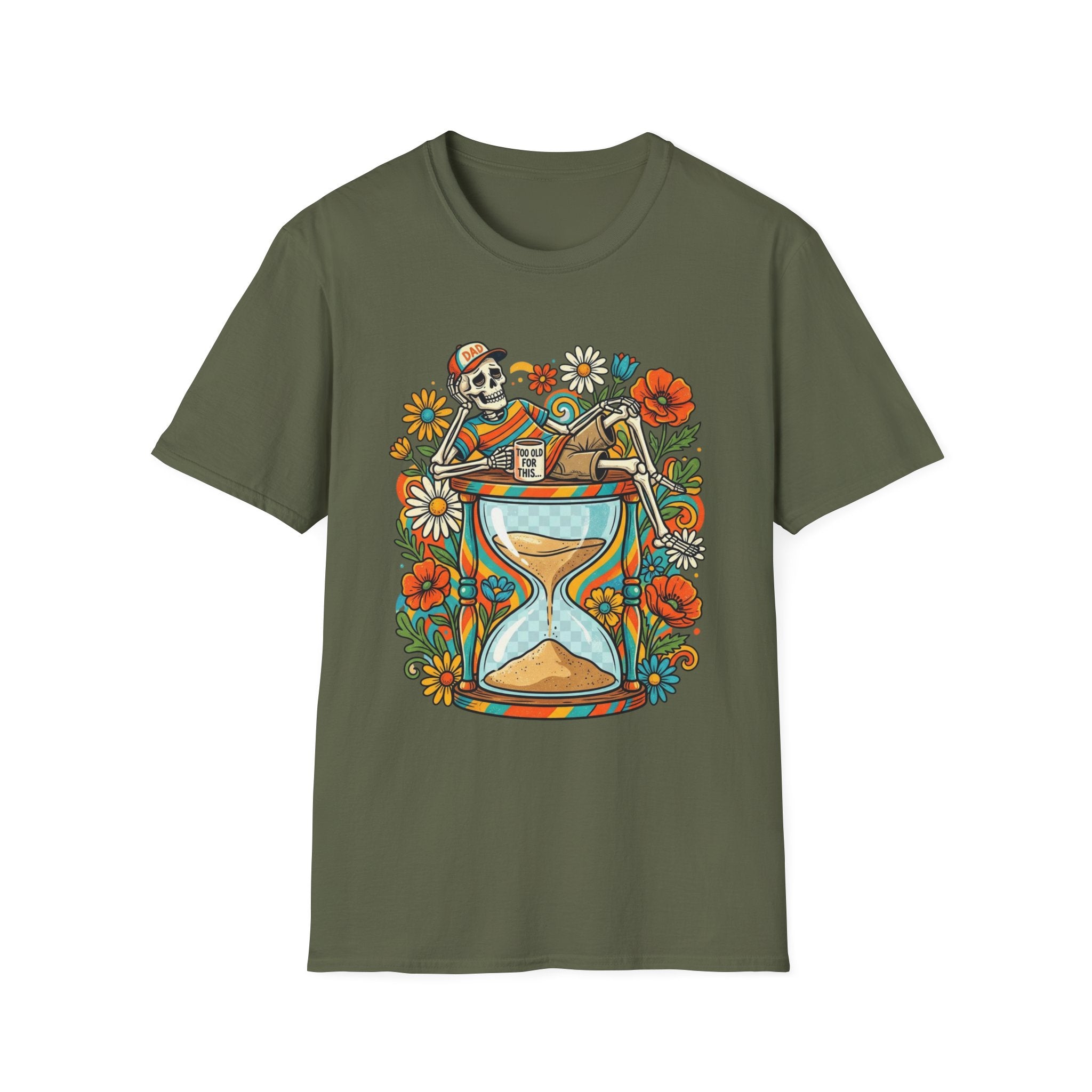 Skeleton Hourglass T-Shirt — Relaxed Skull & Flowers Retro Graphic Tee