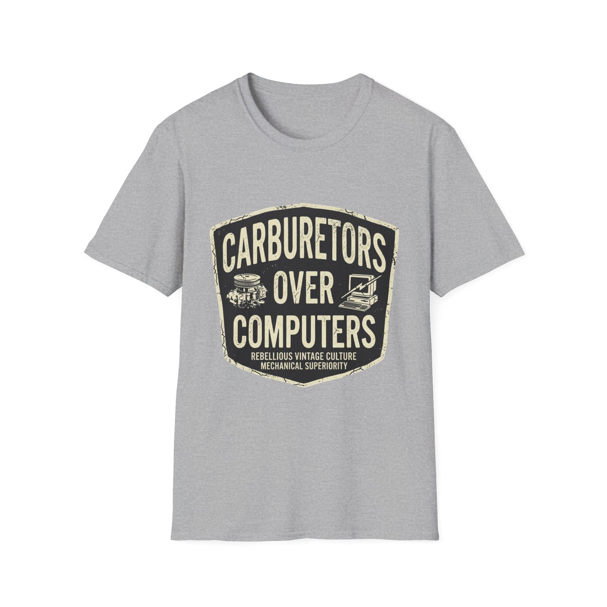 Carburetors Over Computers T-Shirt — Vintage Mechanic Pride Tee