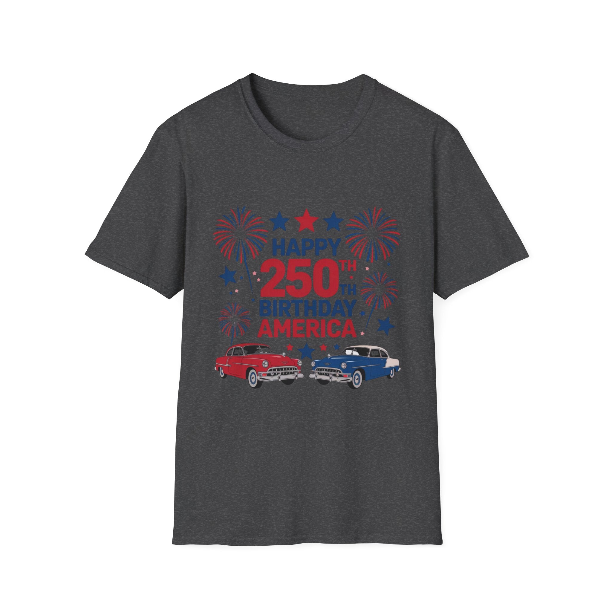 Happy 250th Birthday America T-Shirt — Patriotic Fireworks & Classic Trucks