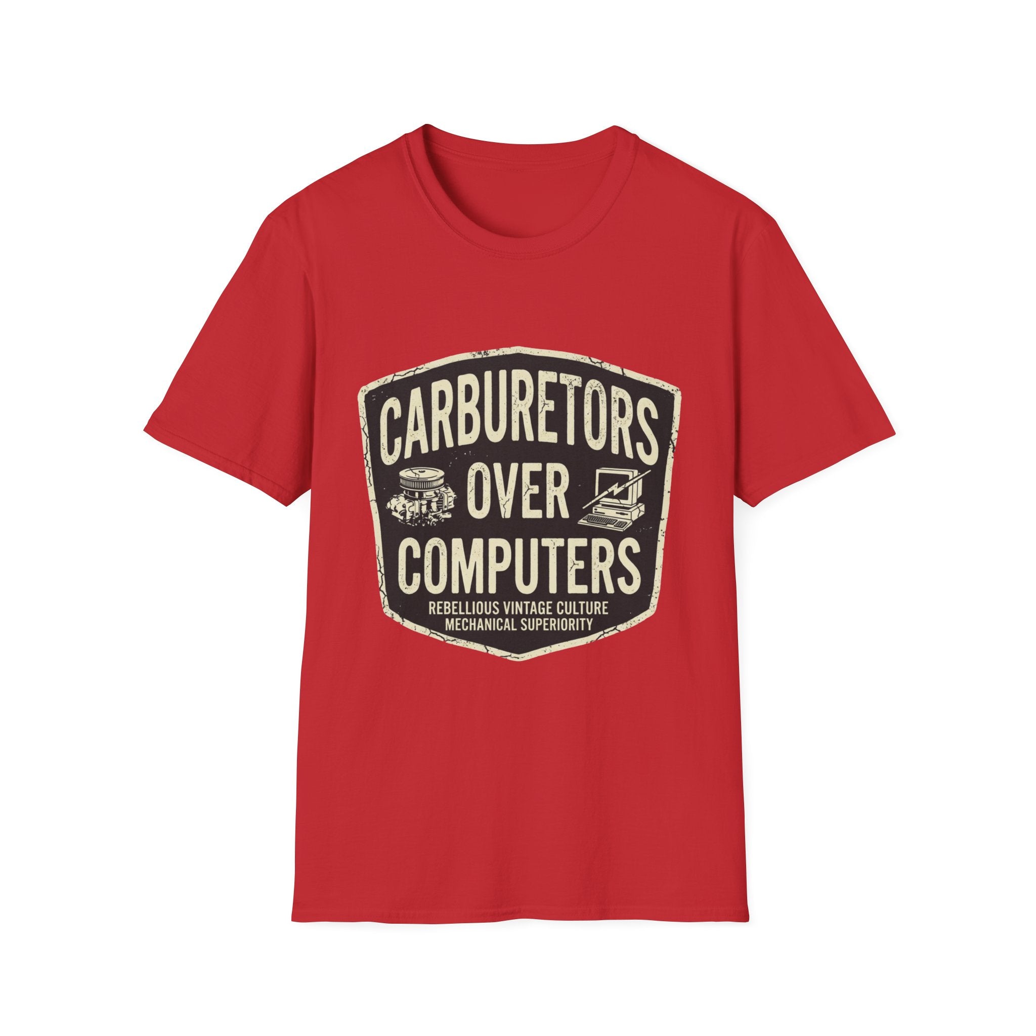Carburetors Over Computers T-Shirt — Vintage Mechanic Pride Tee