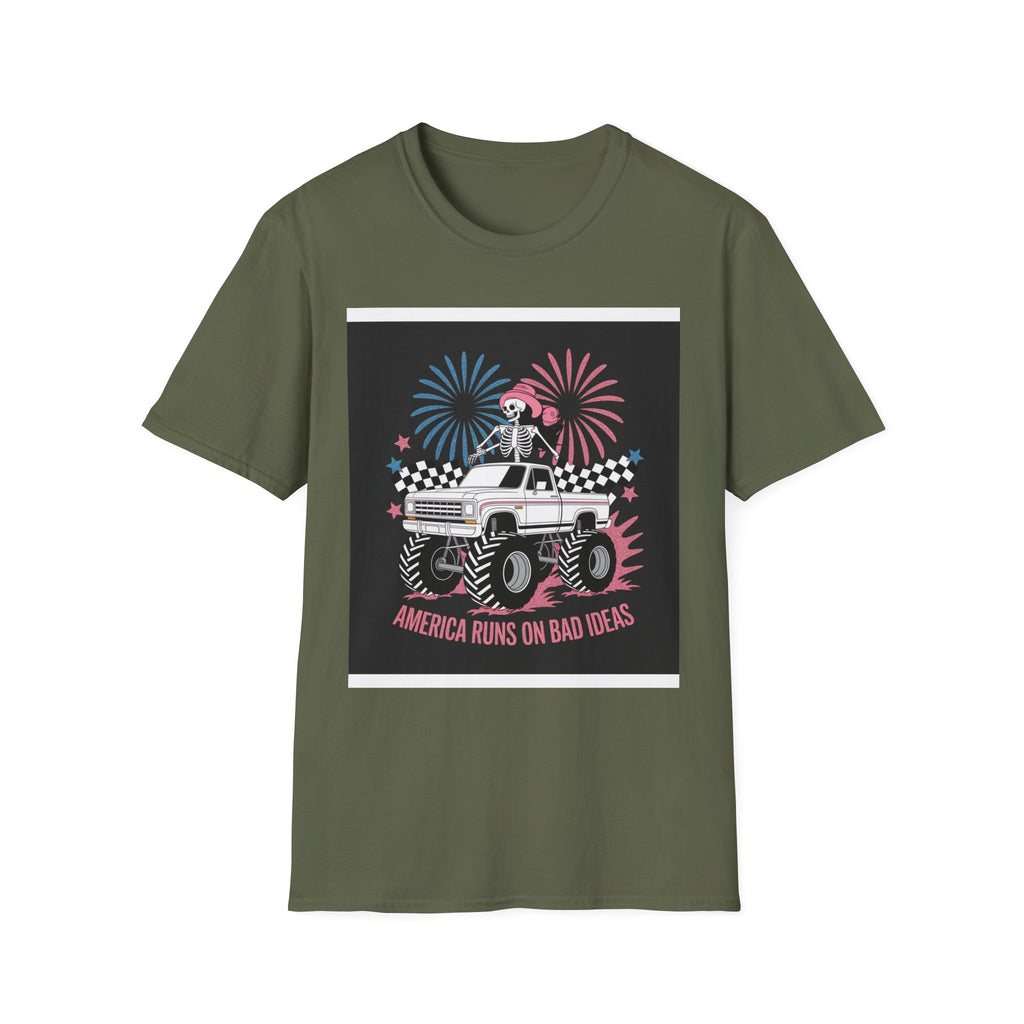 Fourth of July Monster Truck T‑Shirt — 'America Runs on Dad Jokes' Skeleton Design