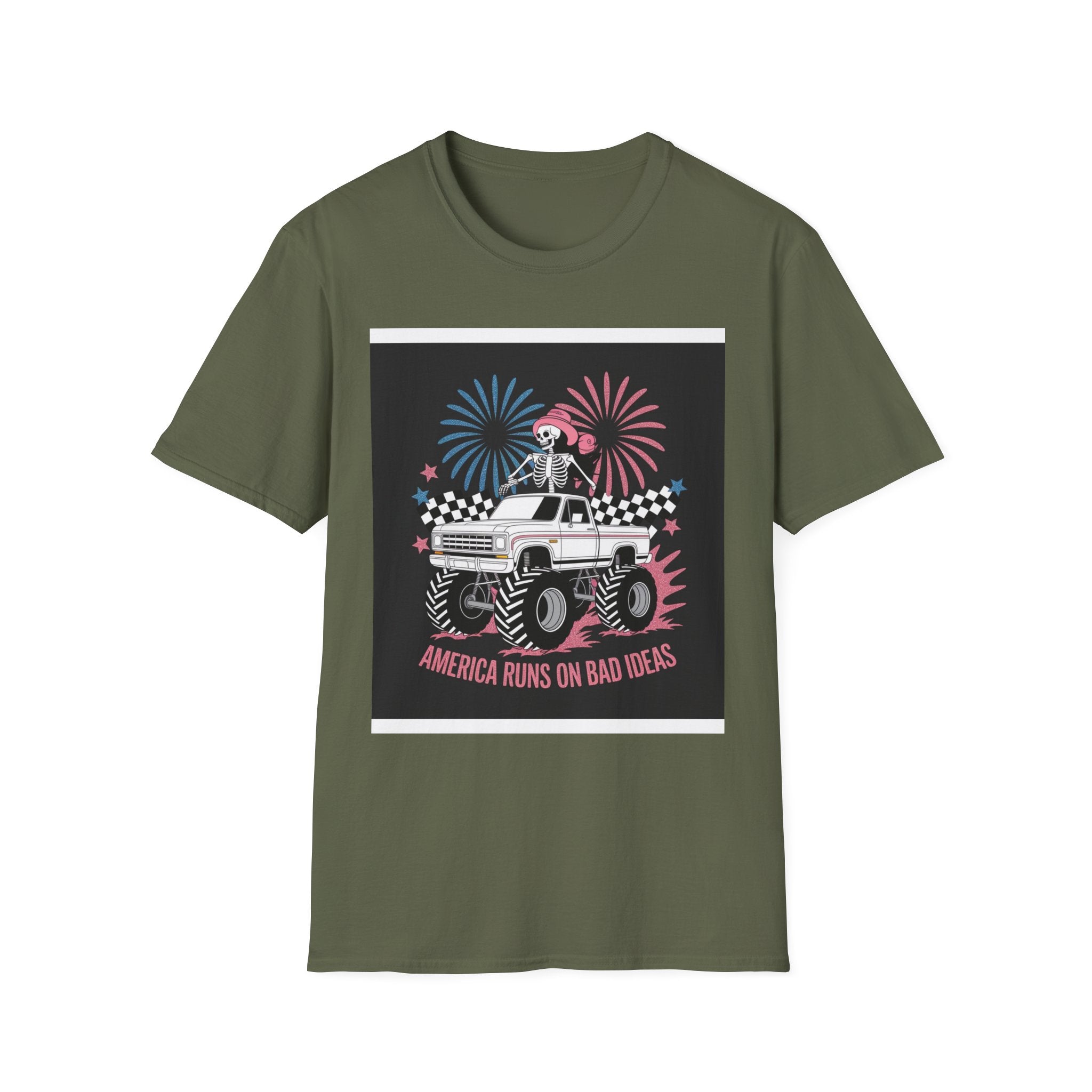 Fourth of July Monster Truck T‑Shirt — 'America Runs on Dad Jokes' Skeleton Design