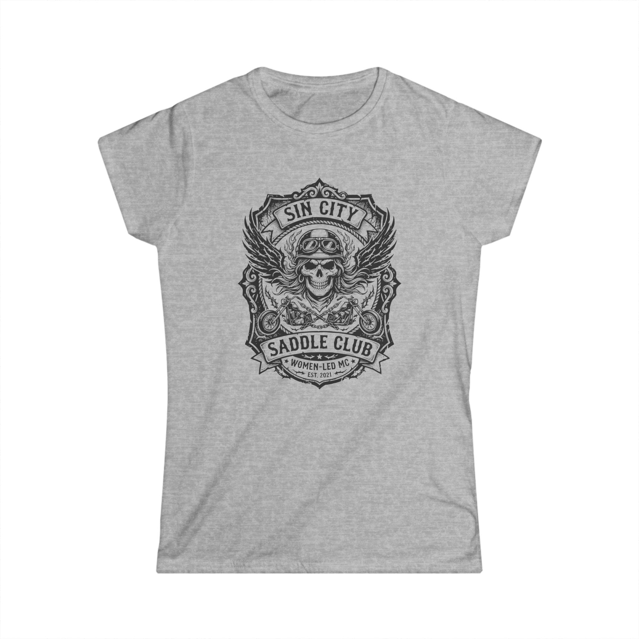 Sin City Saddle Club Skull Tee — Women's Biker Graphic T-Shirt