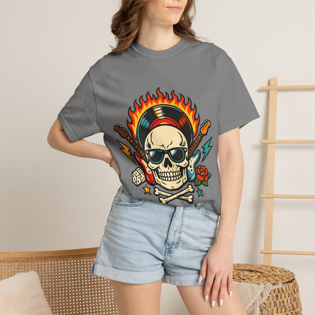 Rock Skull Graphic T-Shirt — Flaming Skull, Guitars & Dice Tattoo Art