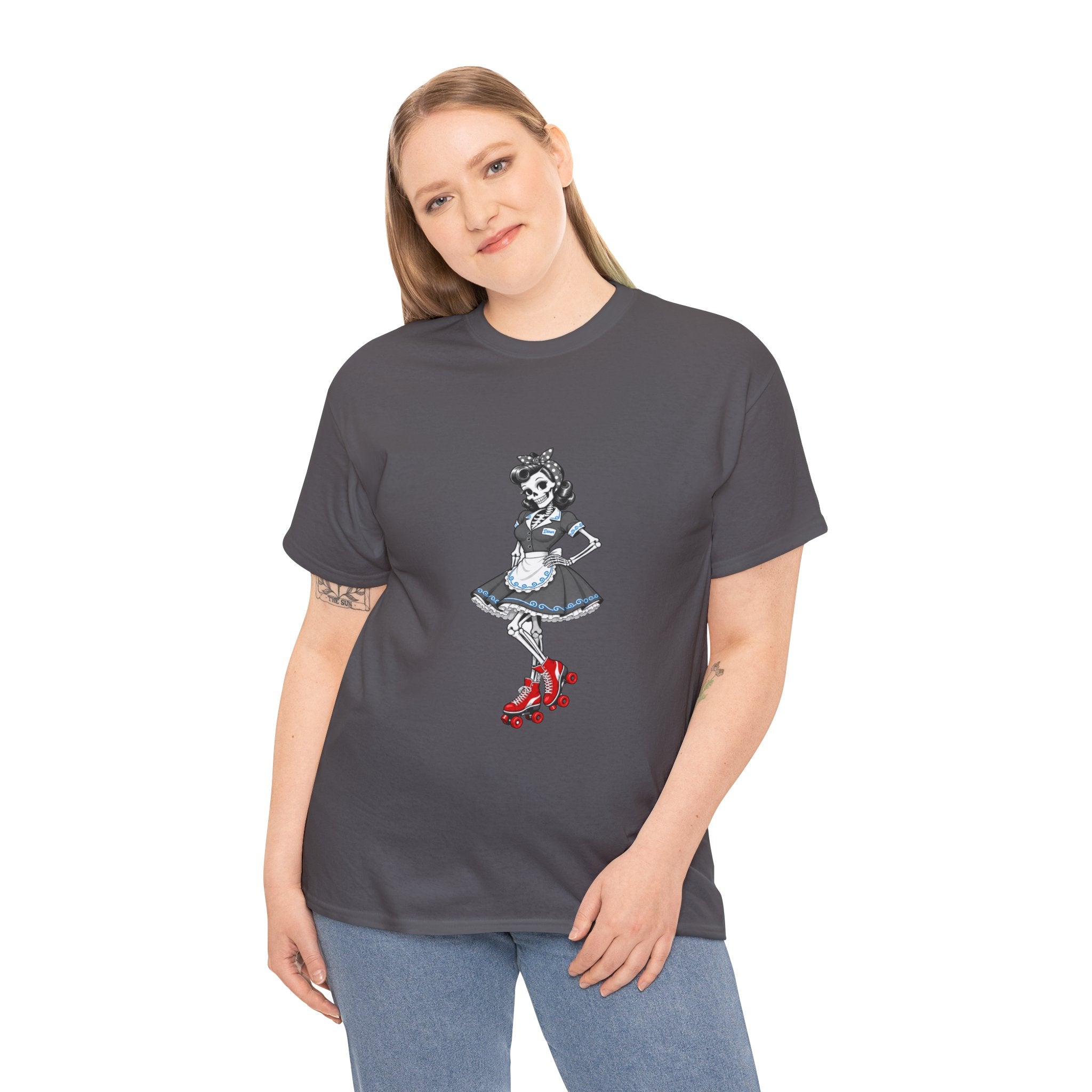 Vintage Gothic Doll T‑Shirt — Red Roller Skate Skeleton Girl Tee