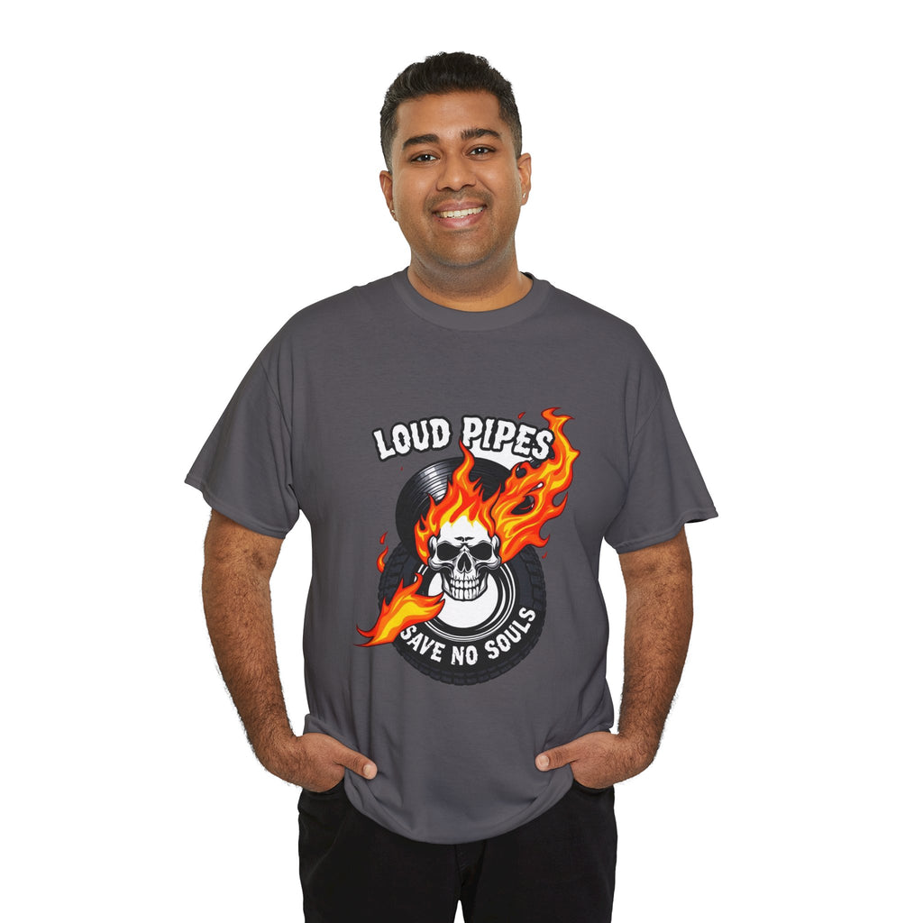 Loud Pipes Save No Souls Graphic Tee — Flaming Skull Vinyl Shirt