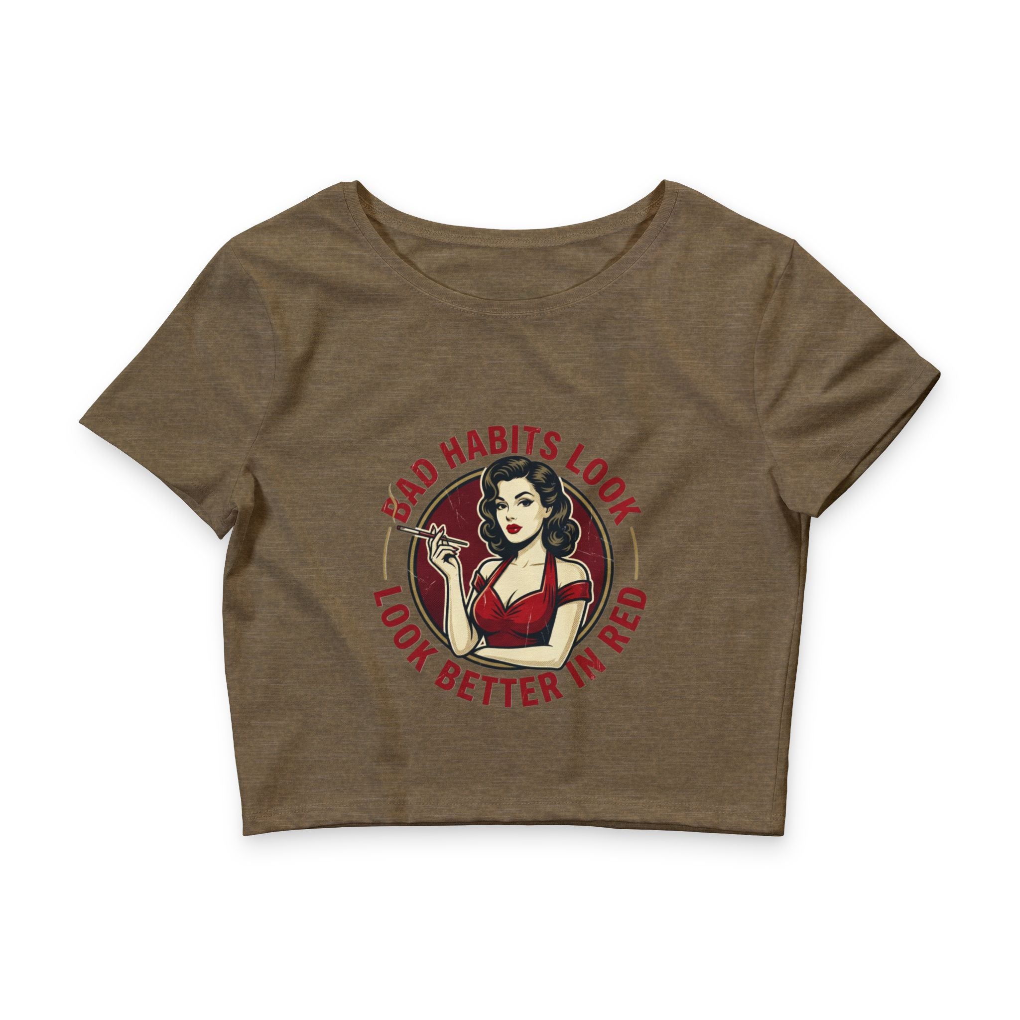 Crop Tee — "Bad Habits Look Better in Red" Vintage Pinup Graphic