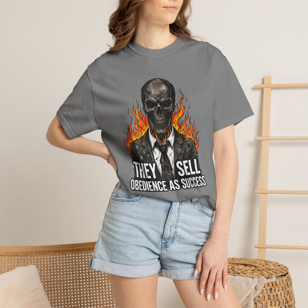 Skull & Flames T-Shirt — "They Sell Obedience As Success" Anti-Authority Graphic Tee