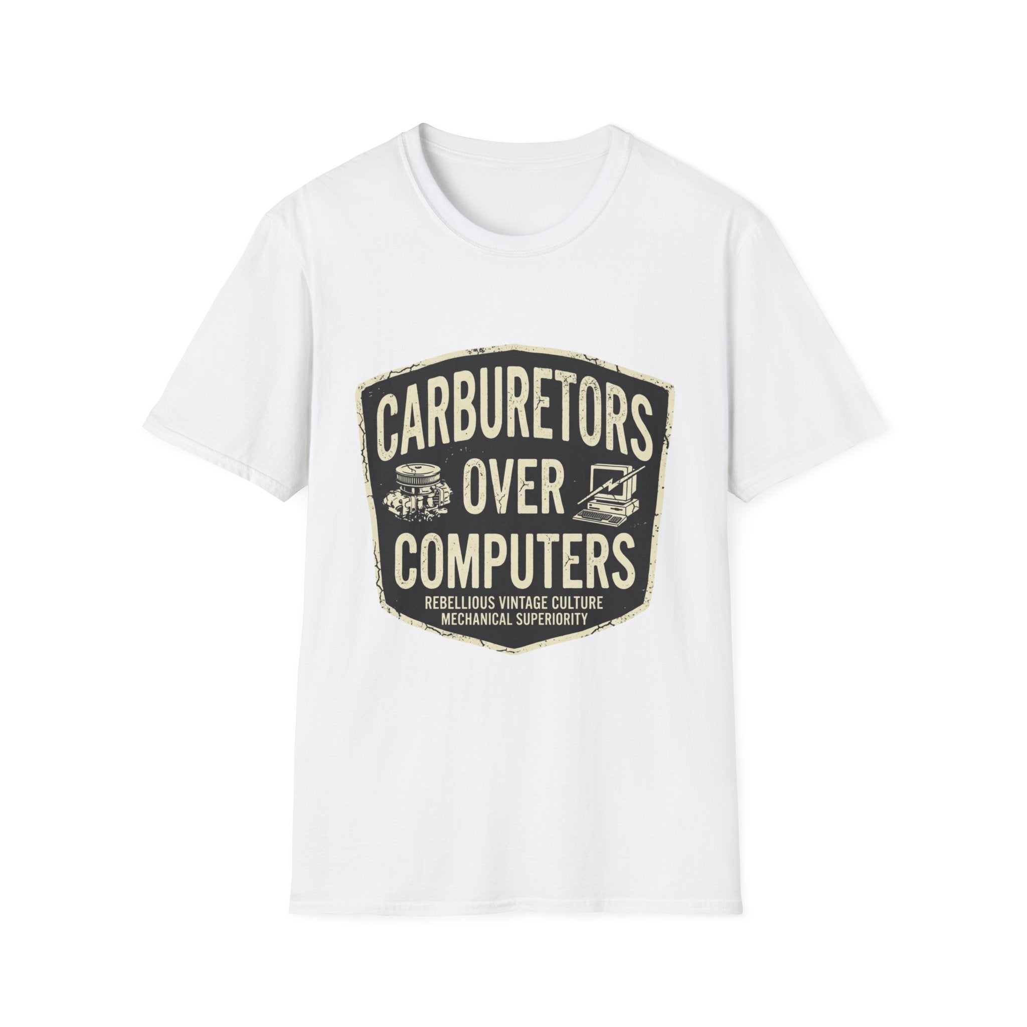 Carburetors Over Computers T-Shirt — Vintage Mechanic Pride Tee