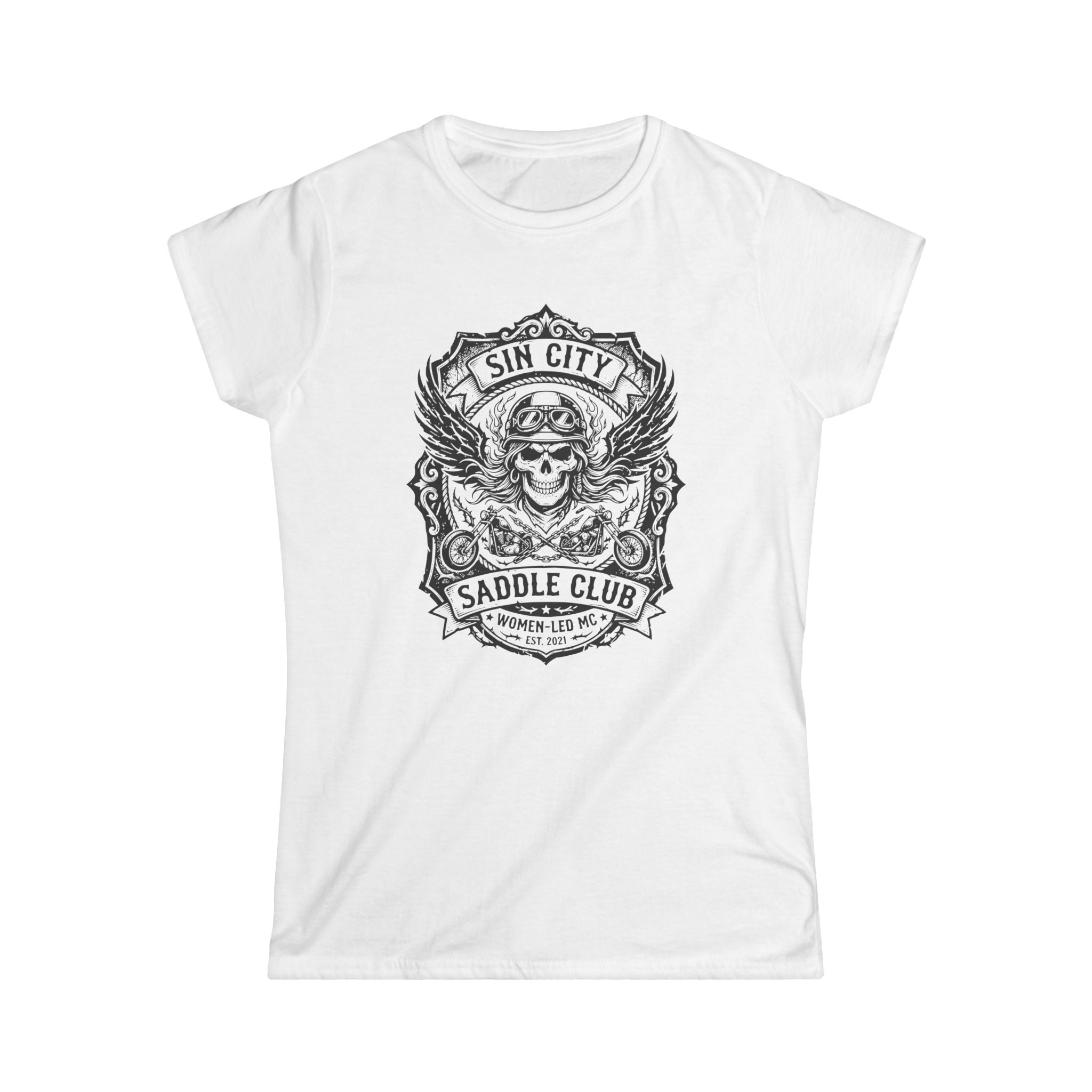 Sin City Saddle Club Skull Tee — Women's Biker Graphic T-Shirt