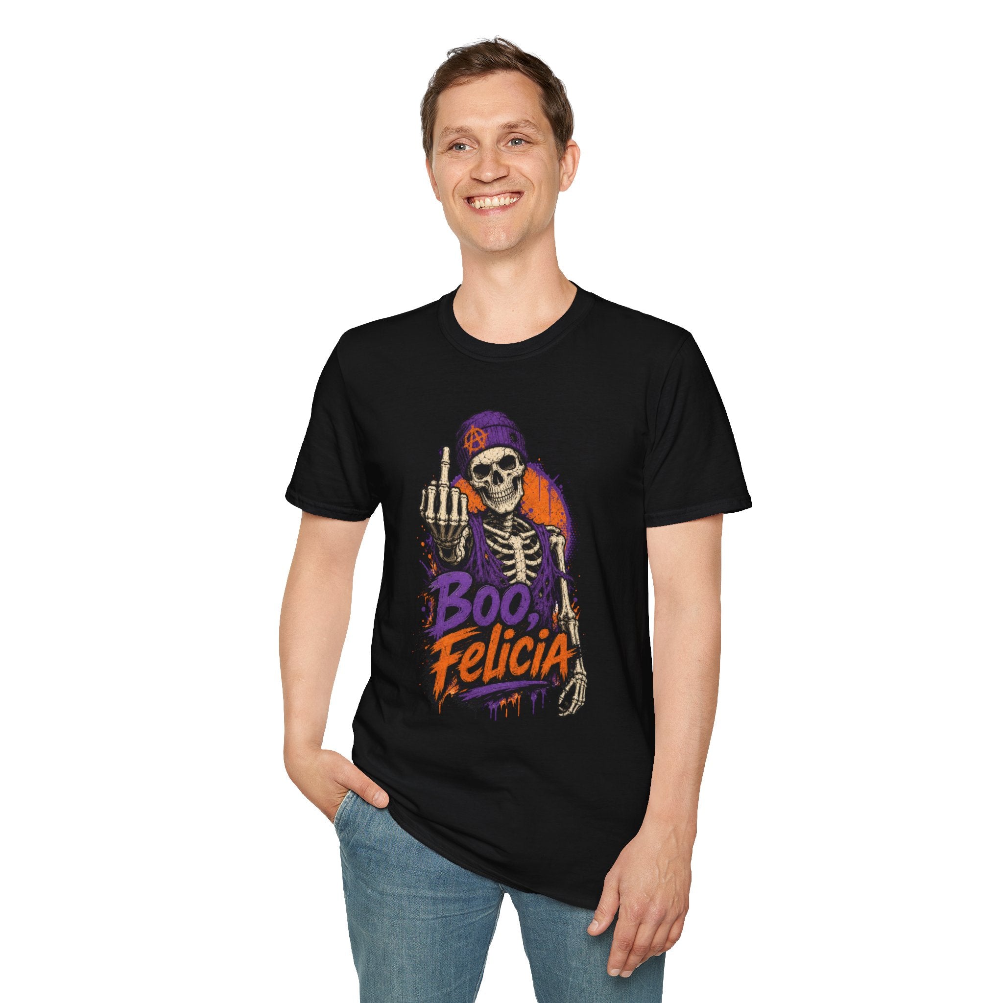 Skeleton Middle Finger T-Shirt — "Boo, Felicia" Halloween Graphic Tee