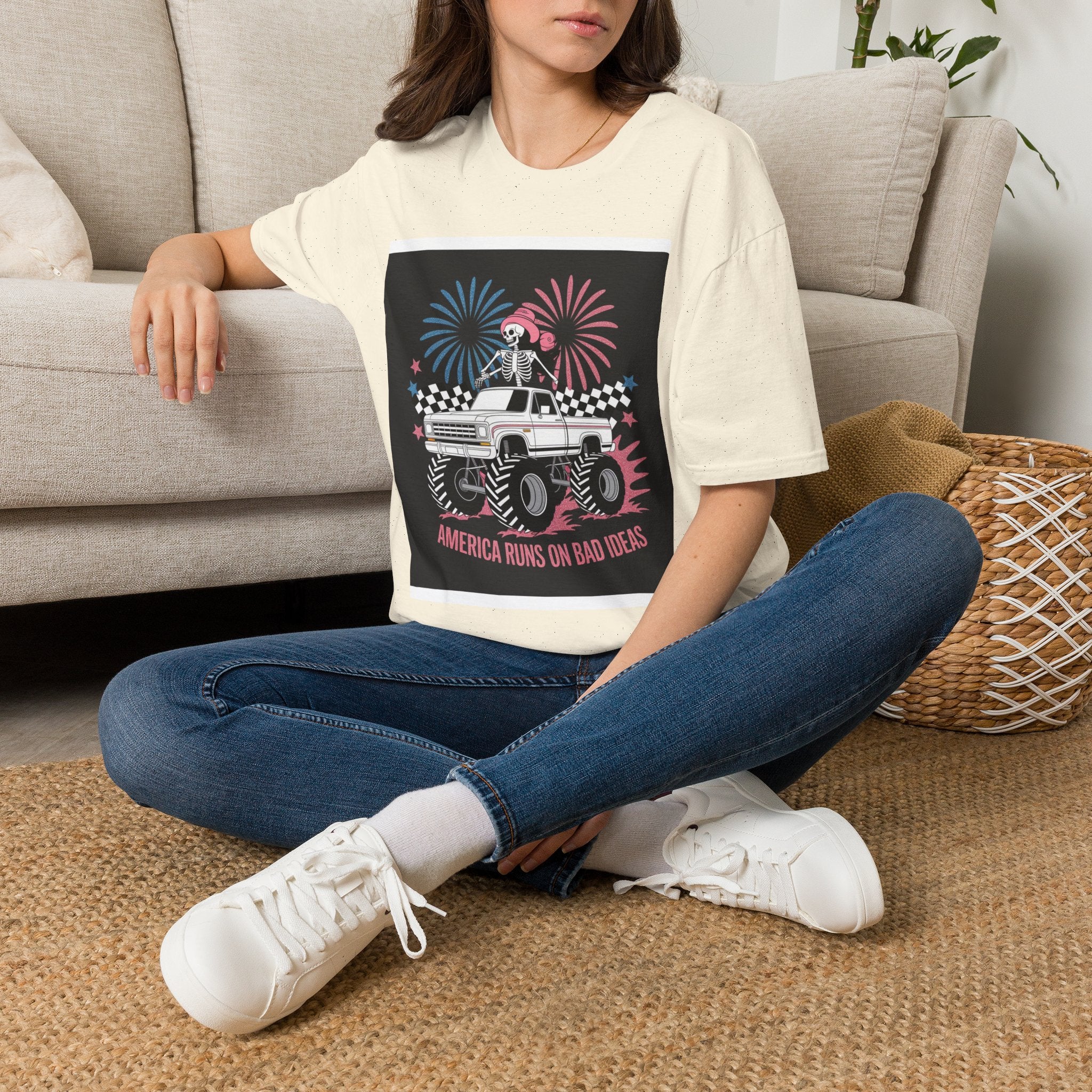 Fourth of July Monster Truck T‑Shirt — 'America Runs on Dad Jokes' Skeleton Design