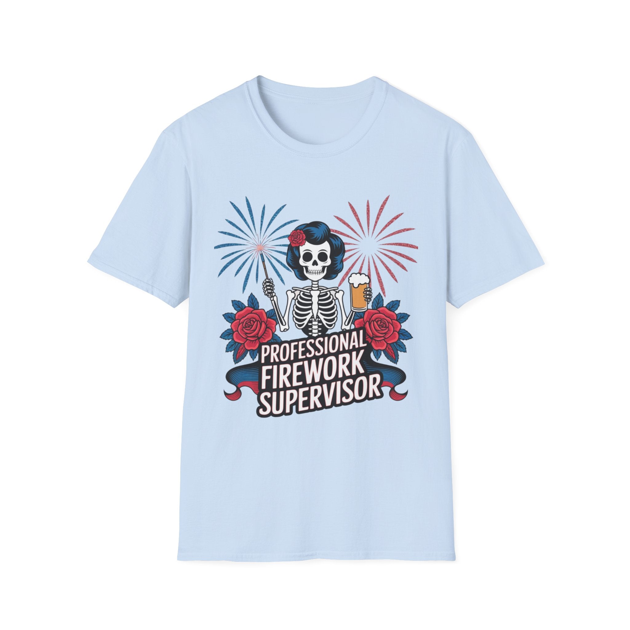 Professional Firework Supervisor T-Shirt — Patriotic Skeleton with Beer & Fireworks