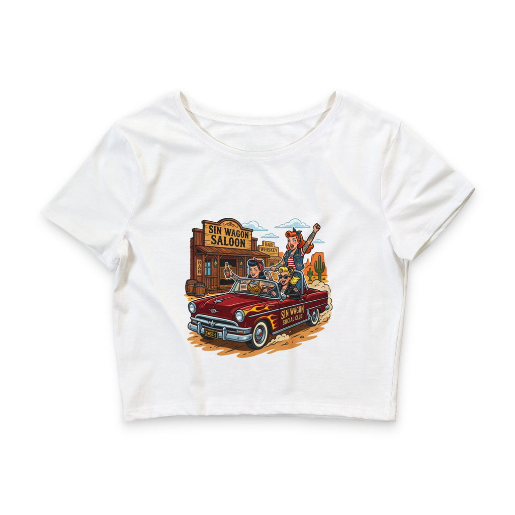 Women’s Crop Tee — Retro Cowgirl Road Trip 'Sin Wagon Saloon' Graphic