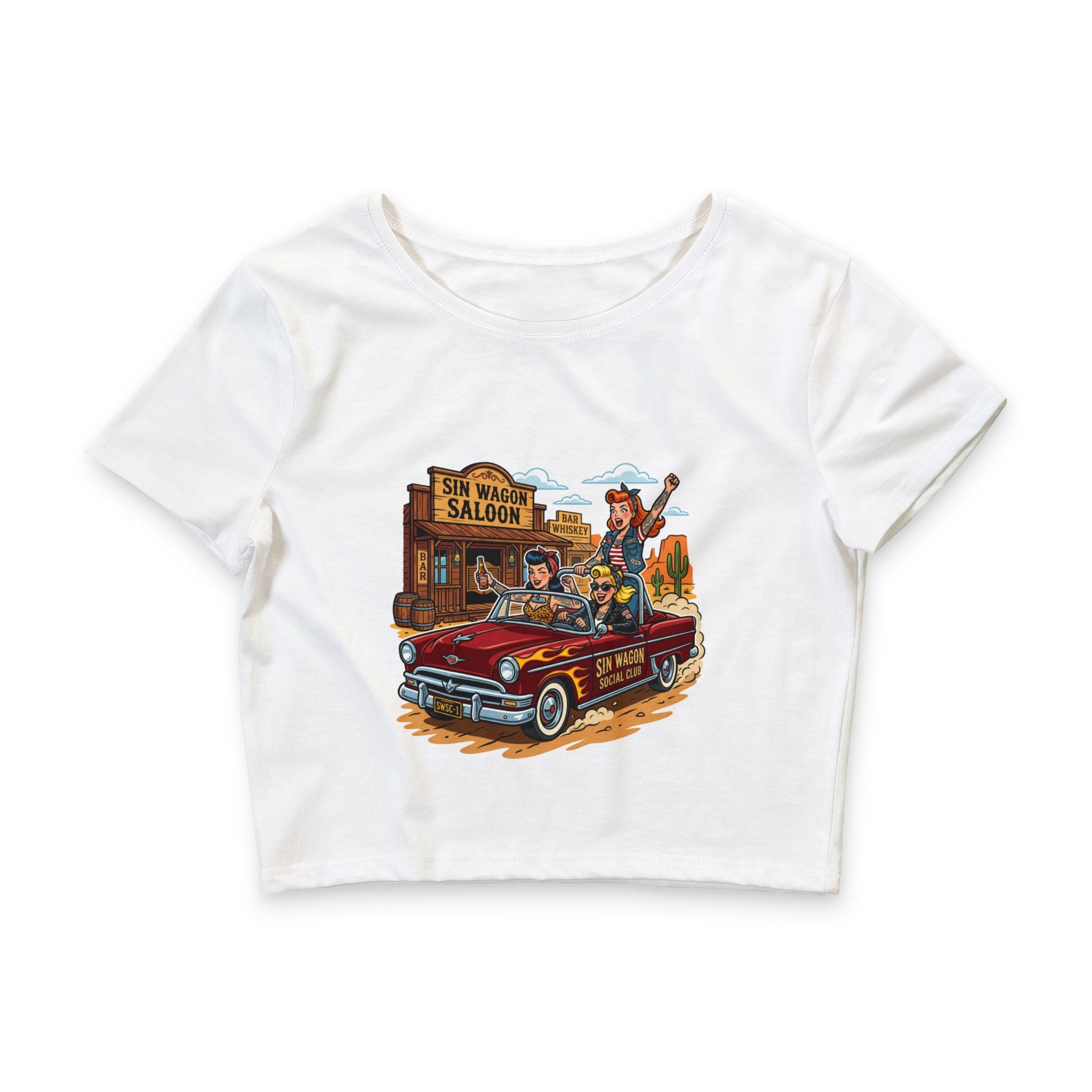 Women’s Crop Tee — Retro Cowgirl Road Trip 'Sin Wagon Saloon' Graphic