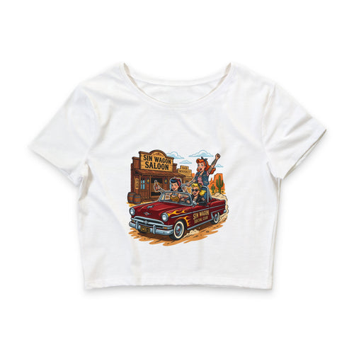 Women’s Crop Tee — Retro Cowgirl Road Trip 'Sin Wagon Saloon' Graphic - 2wo4our5ive Clothing