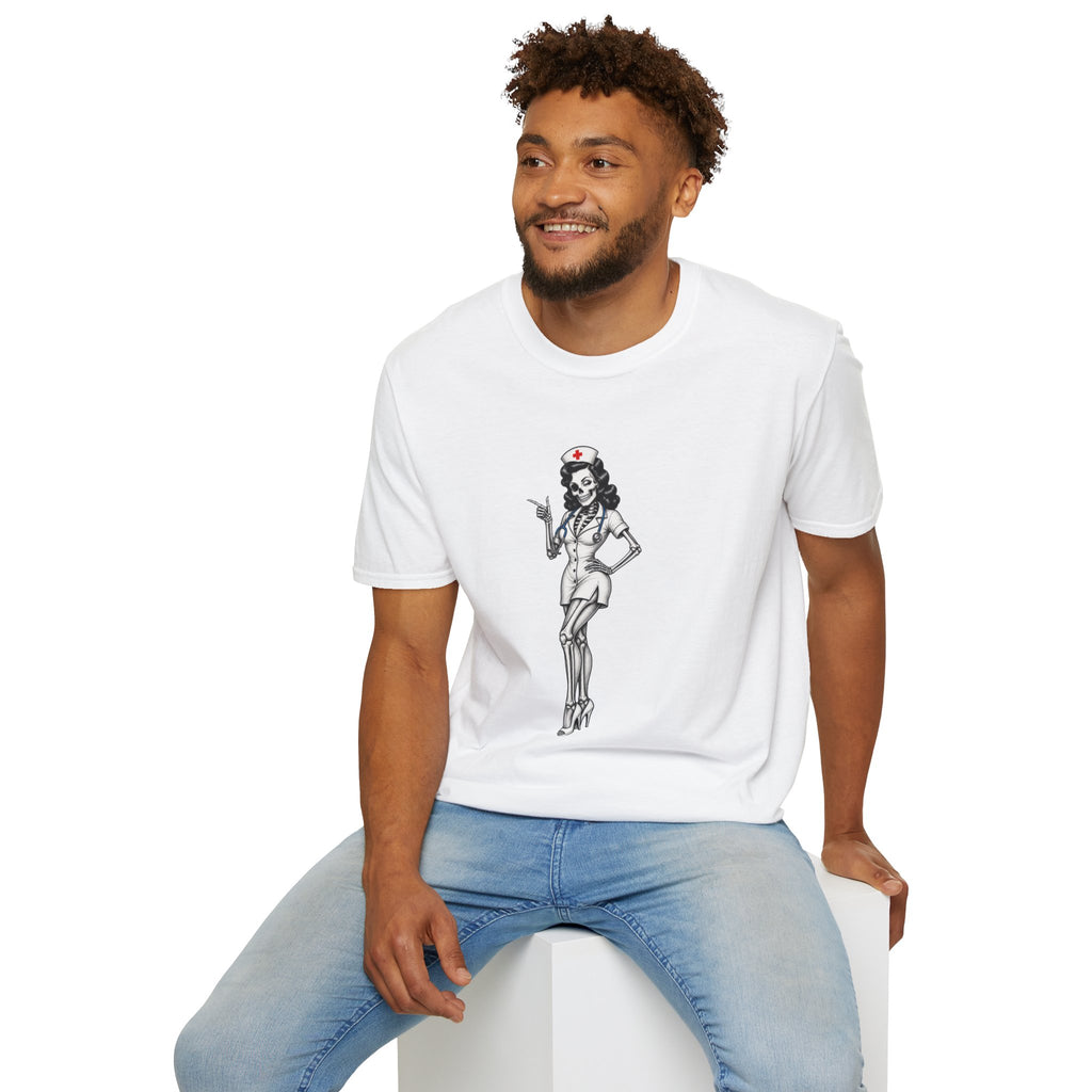 Vintage Pinup Nurse T-Shirt — Retro Skeleton Nurse Graphic Tee