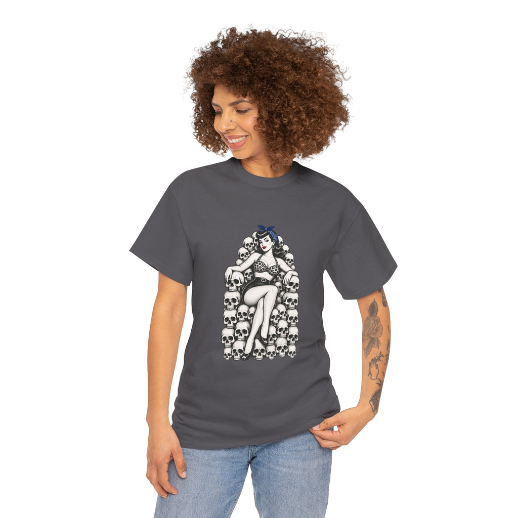 Skull Throne Pin-Up T-Shirt — Retro Goth Rockabilly Tee