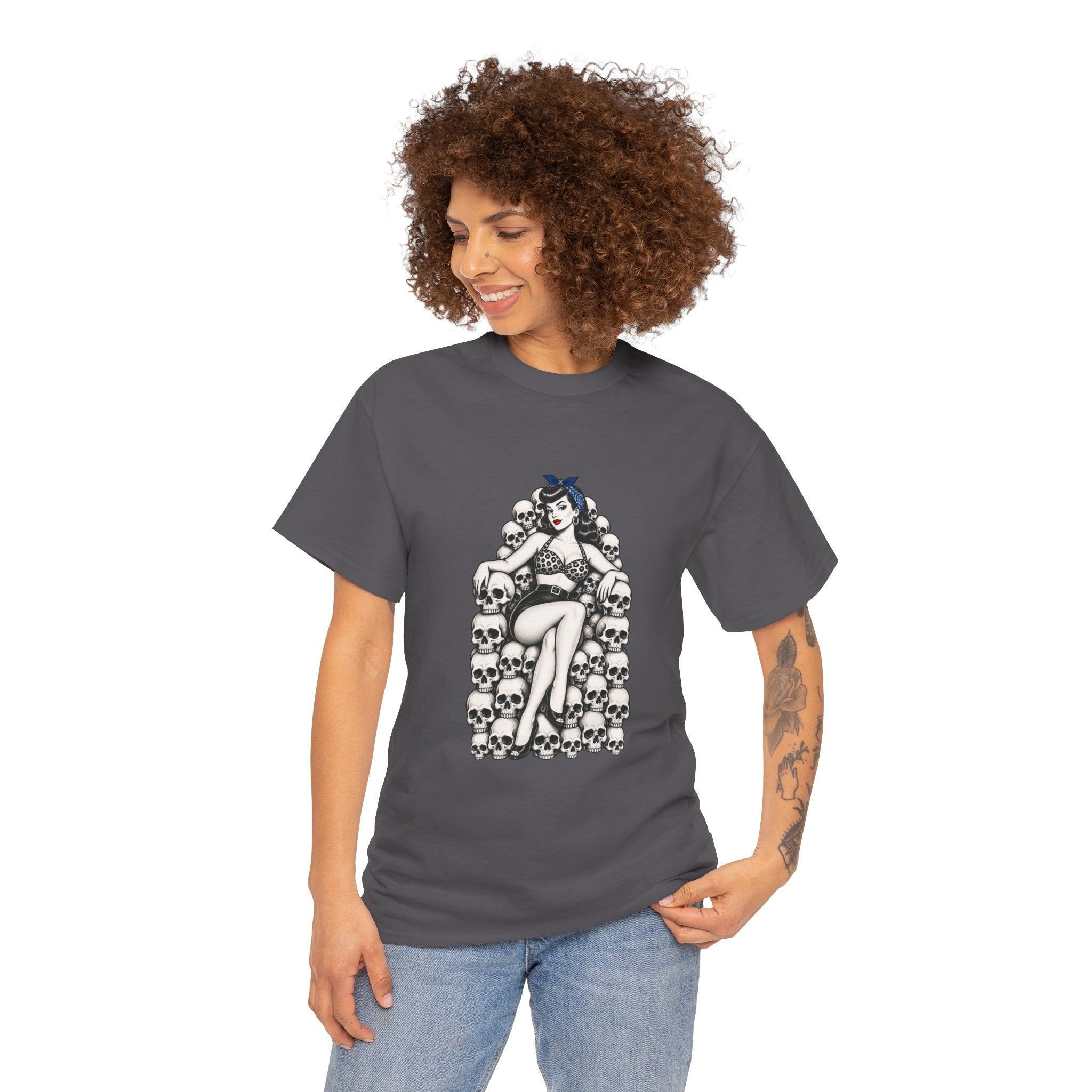 Skull Throne Pin-Up T-Shirt — Retro Goth Rockabilly Tee