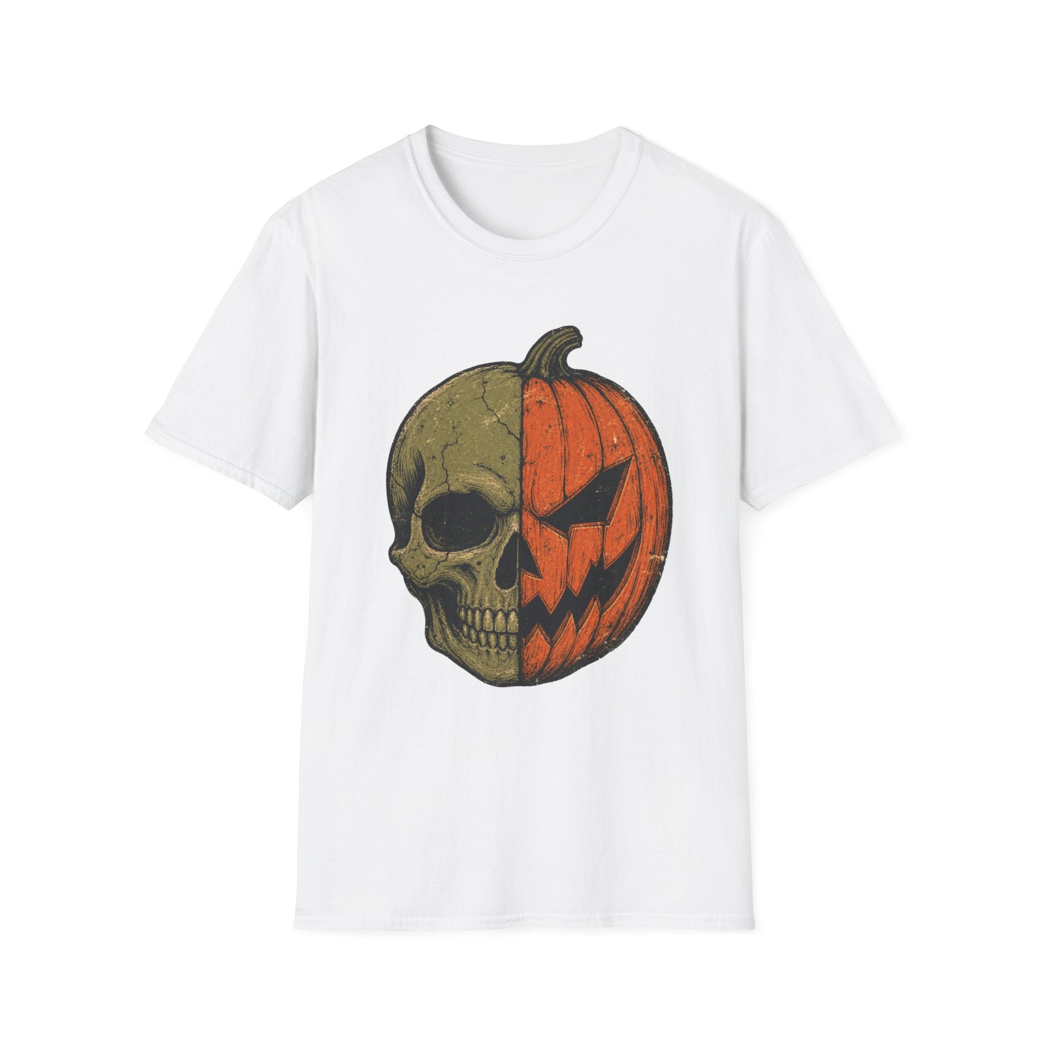 Pumpkin Skull T-Shirt — Half Jack-O’-Lantern Halloween Tee