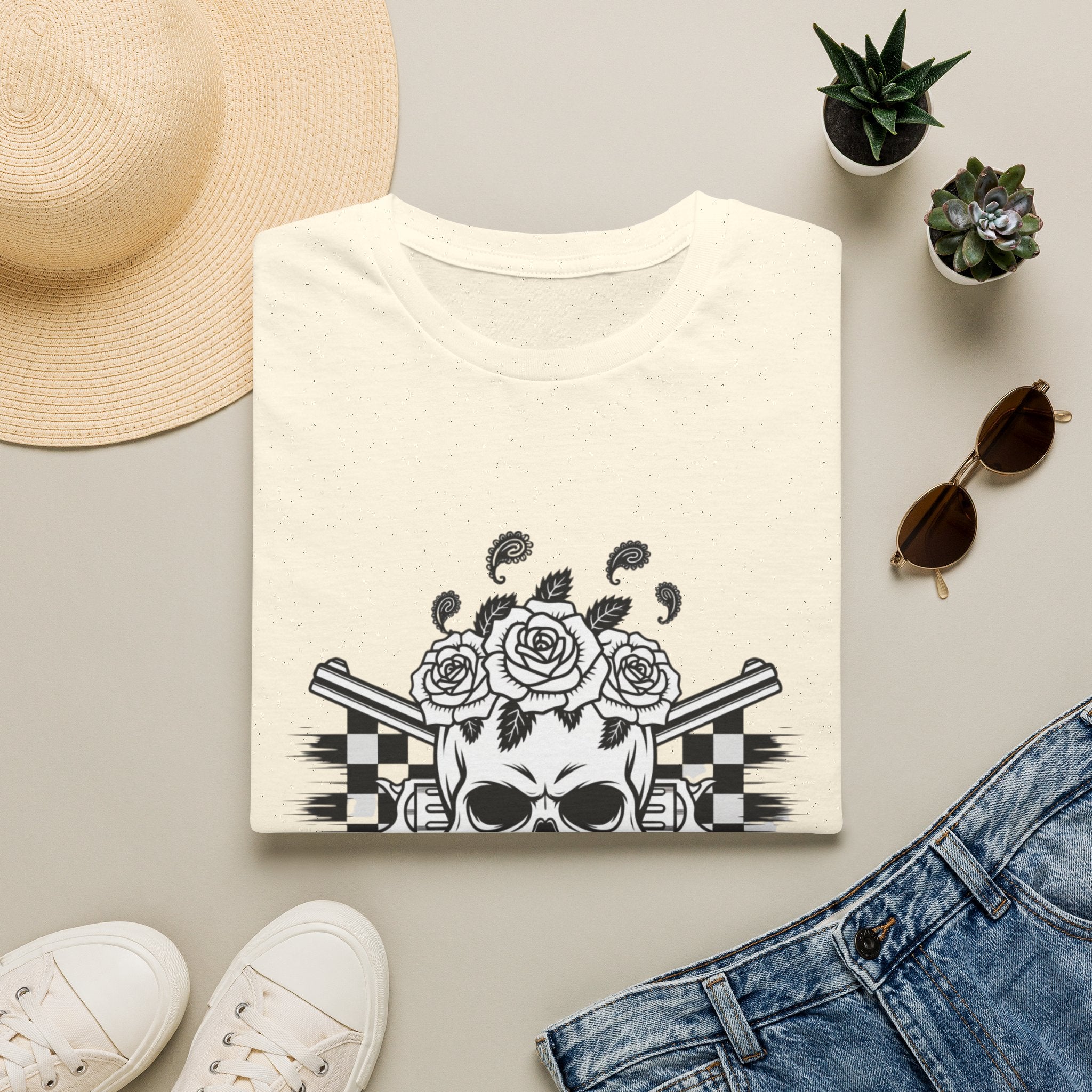 Skull & Roses T‑Shirt — “Freedom Ain’t Free” Racing Flag Graphic