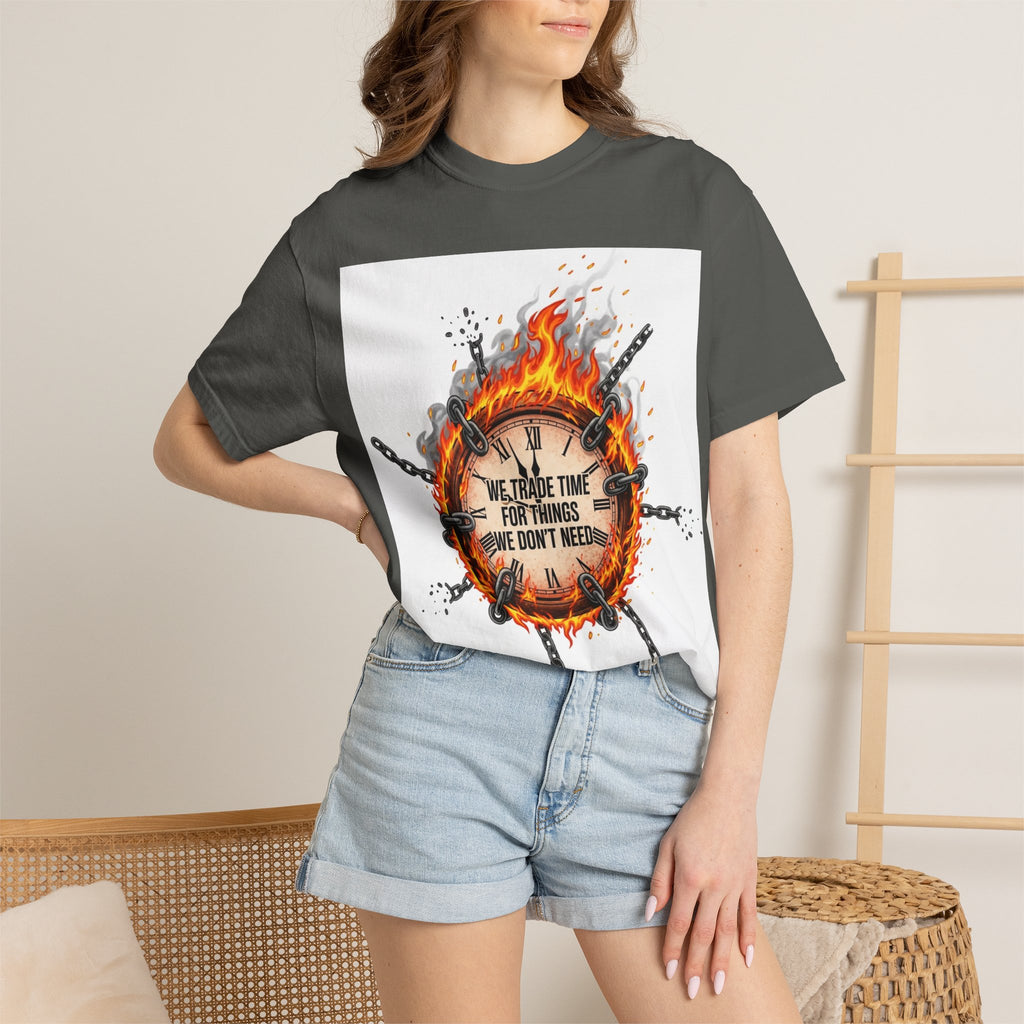 Burning Wheel Graphic T-Shirt — "We Trade Time for Things We Don't Need"