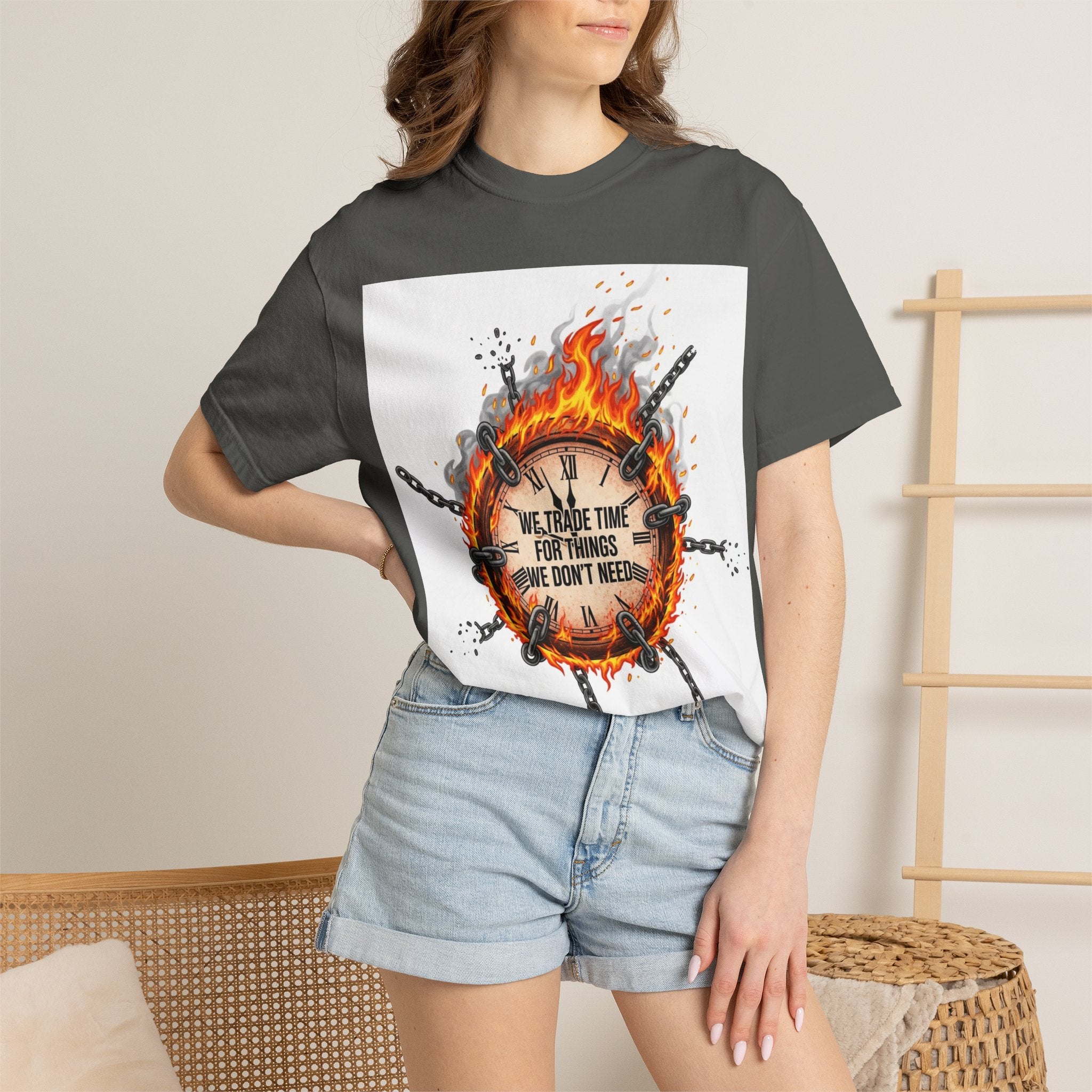 Burning Wheel Graphic T-Shirt — "We Trade Time for Things We Don't Need"