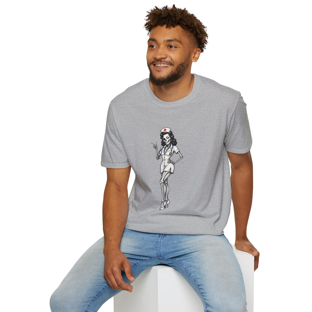 Vintage Pinup Nurse T-Shirt — Retro Skeleton Nurse Graphic Tee