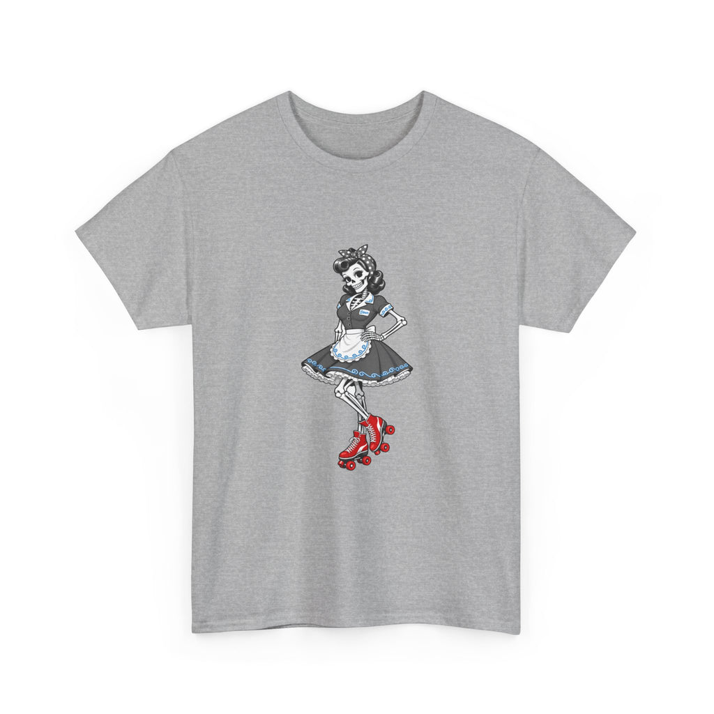 Vintage Gothic Doll T‑Shirt — Red Roller Skate Skeleton Girl Tee