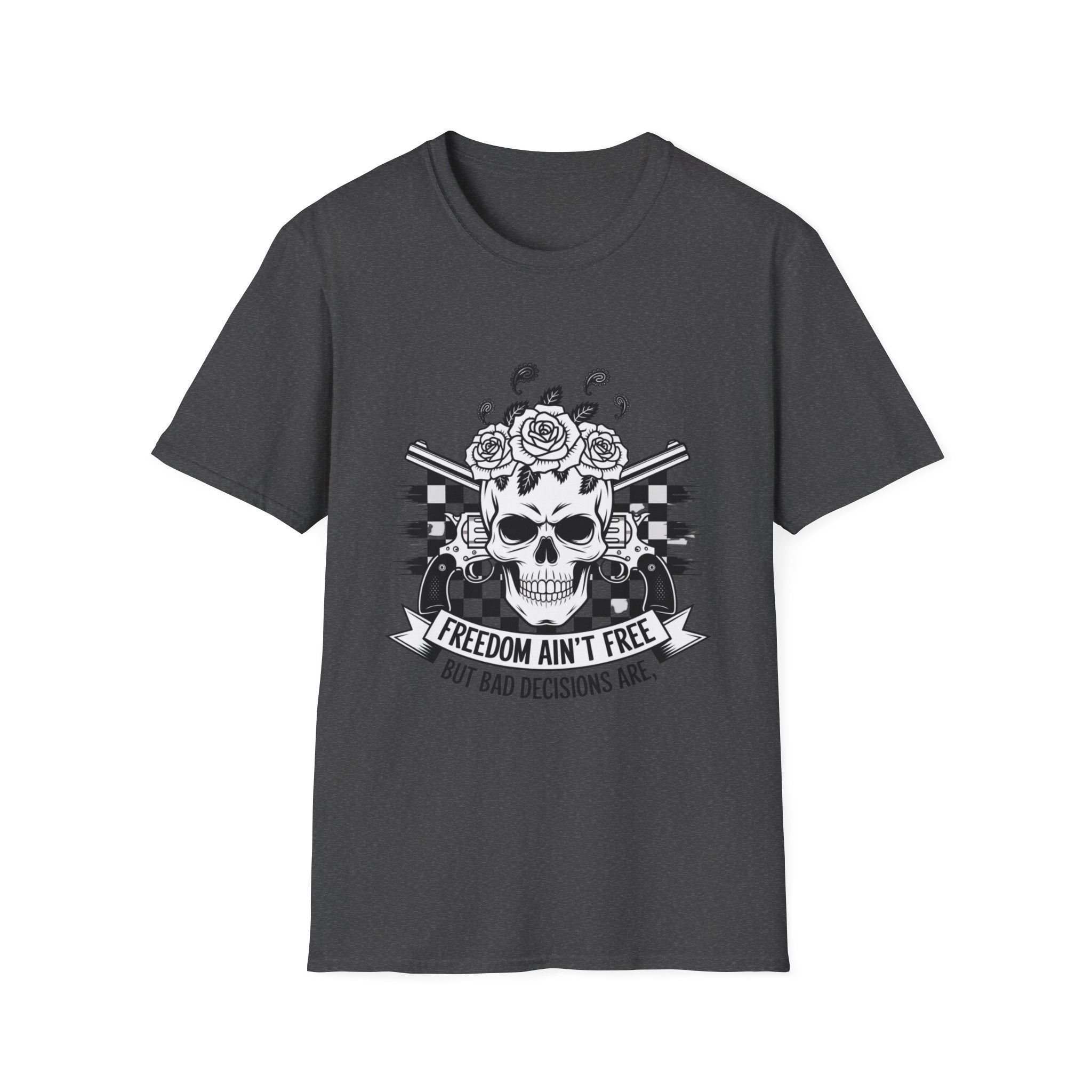 Skull & Roses T‑Shirt — “Freedom Ain’t Free” Racing Flag Graphic